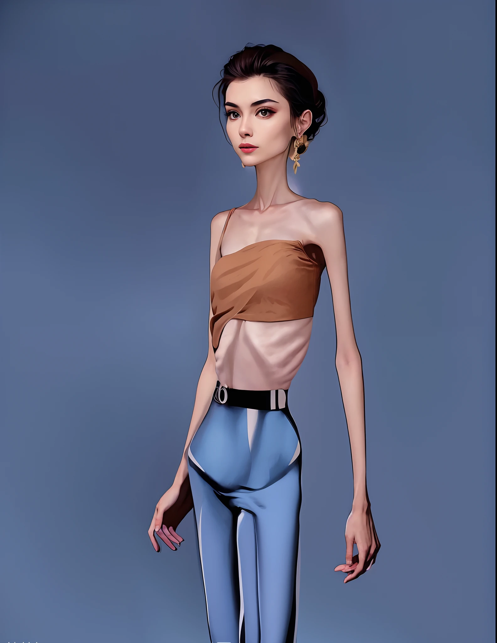 Protruding pelvis，The ribs are obvious，Protruding sternum，big breasts thin waist，Thin leg，femele，emaciated，hunger，skinny pants，tightsuit，flatchest