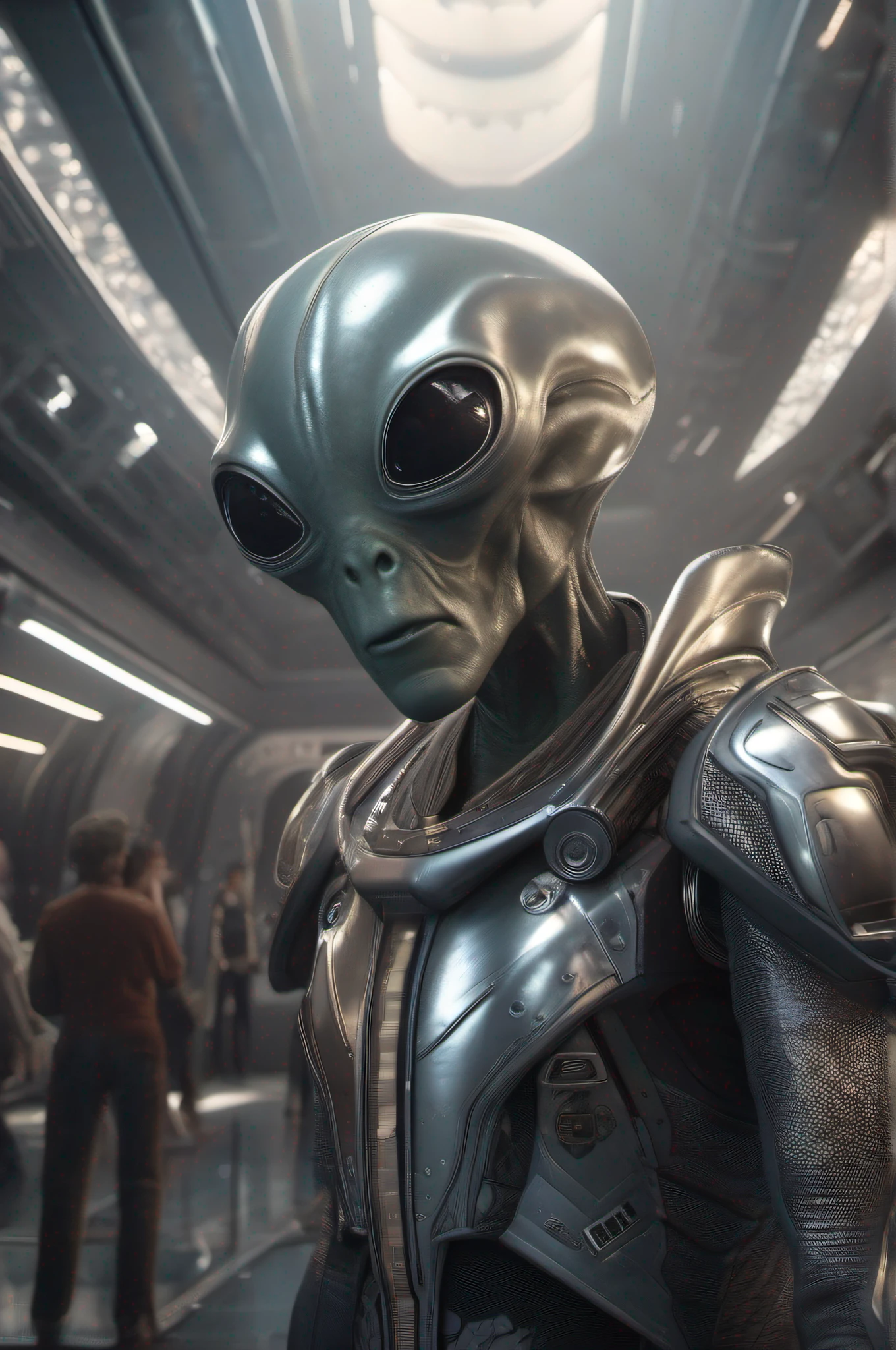 a selfie of an alien, among humans, in the background a silver spacecraft, hyper realistic, 8k