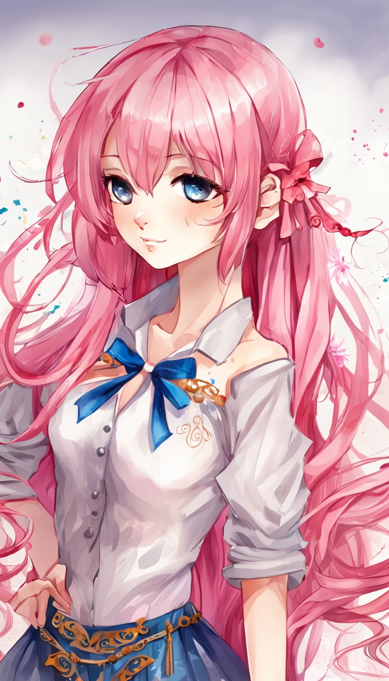 Female anime style, long pink hair, Glued short skirt