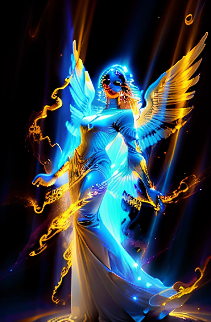 Full body angel with white light or fire in hand looking up Full HD 4K luminescent white background with golden shadows.