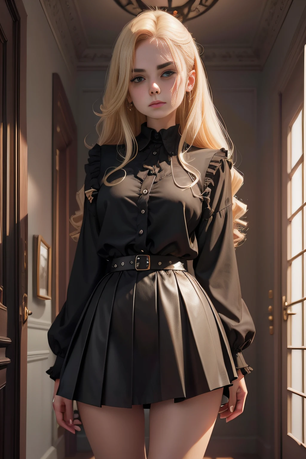 Girl in short black skirt and black blouse standing in the room, digital art by Hirosada II, Tumblr, Digital art, marisa kirisame, cabellos largos dorados, she has blond hair，It's the royal sister