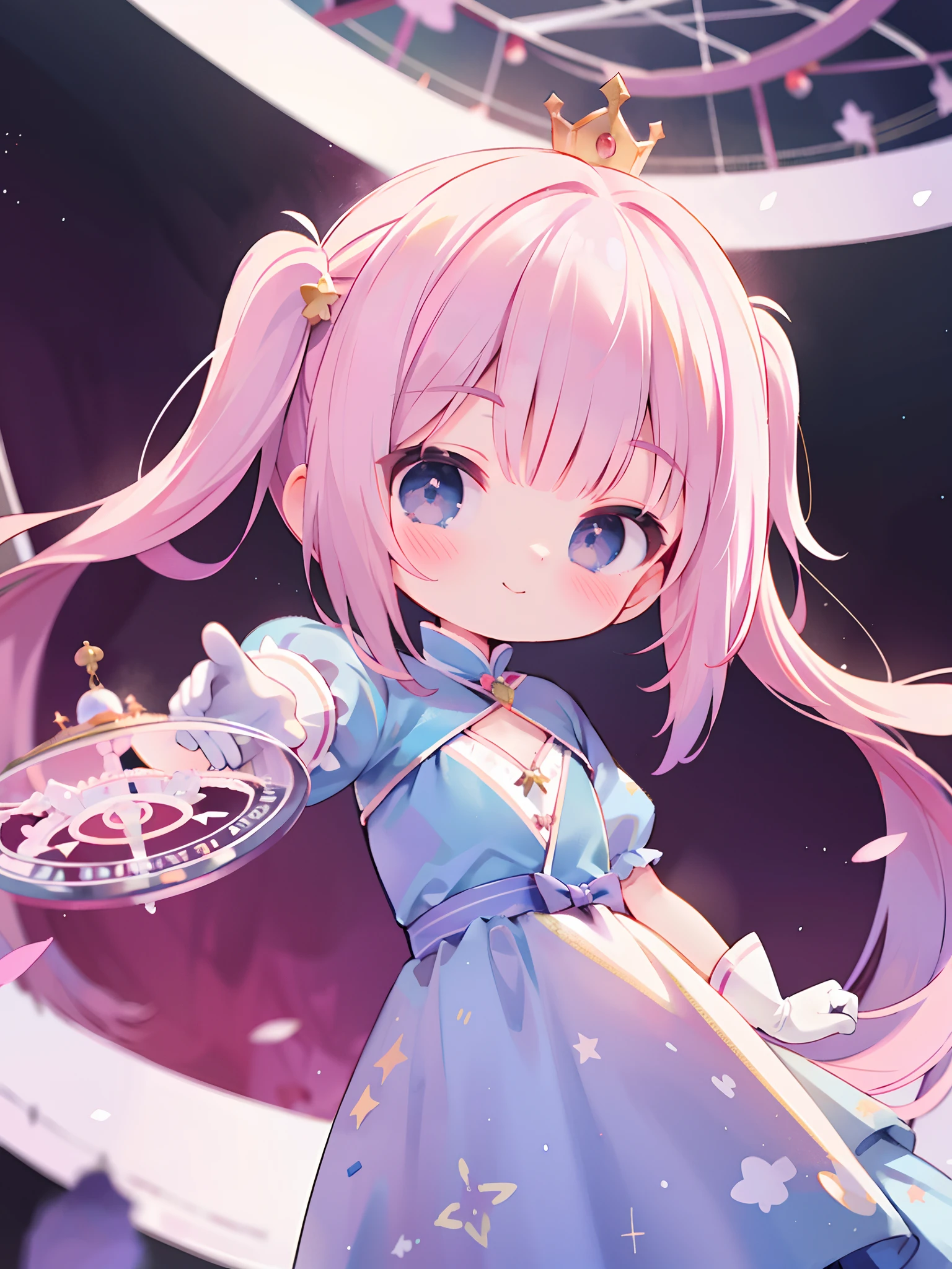 a +, petite body, adora face, smile, closed mouth, gloves, two side up, long hair, standing, princess, royal style, magic circle