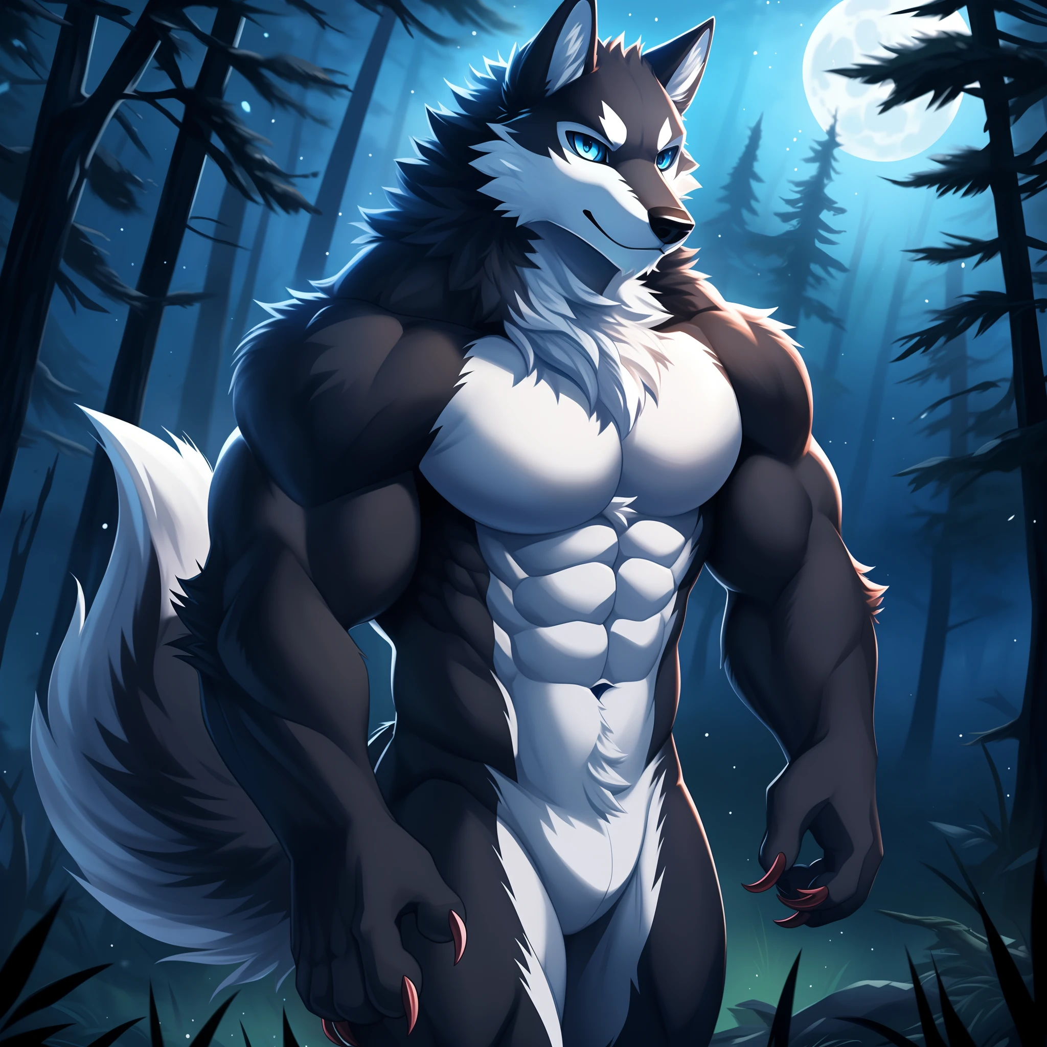 White arctic fox, more cum, penis, male, solo, stay, staring from up to down, high res, 4k, dark, moon, mystery forest, cumshot, angry, pleasure, licks his lips, snow, snowflakes, muscle