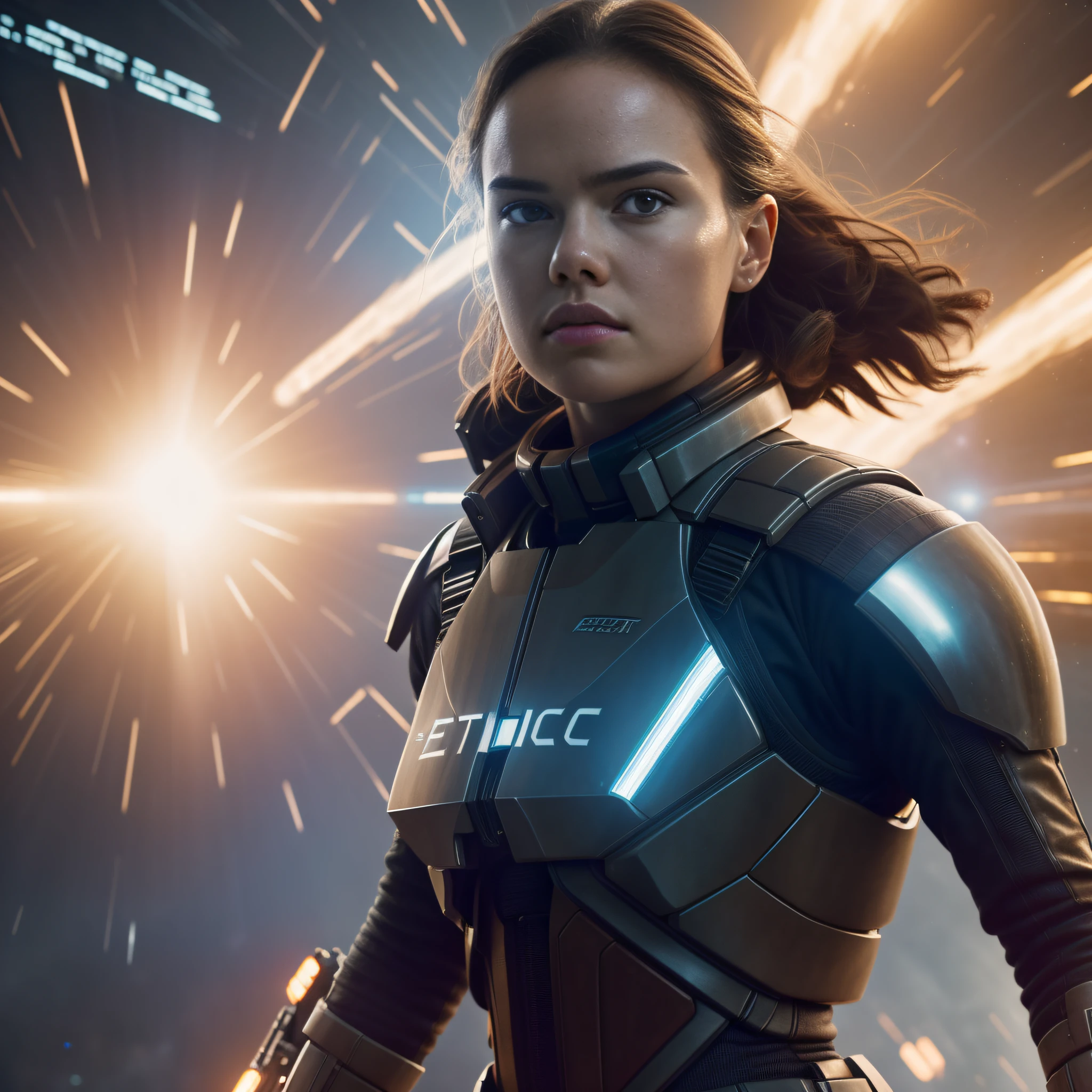 a close up action shot of epic Sci fi Hot Daisy Ridley, Detailed clothing details, Liquid effect, space, Interstellar battlefield photography, natural light, photorealism, cinematic rendering, ray tracing, the highest quality, the highest detail, Cinematic, Third-Person View, Blur Effect, Long Exposure, 8K, Ultra-HD, Natural Lighting, Moody Lighting, Cinematic Lighting
