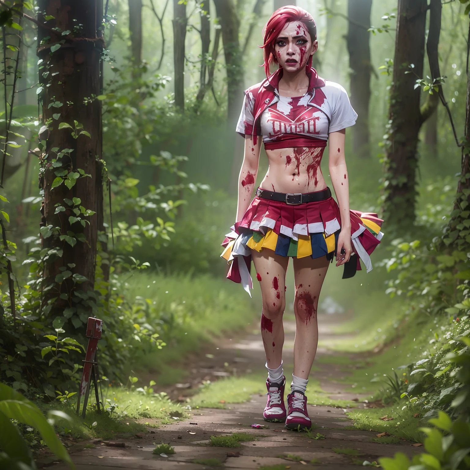 wounded little bloody sexy zombie cheerleader walks in woods