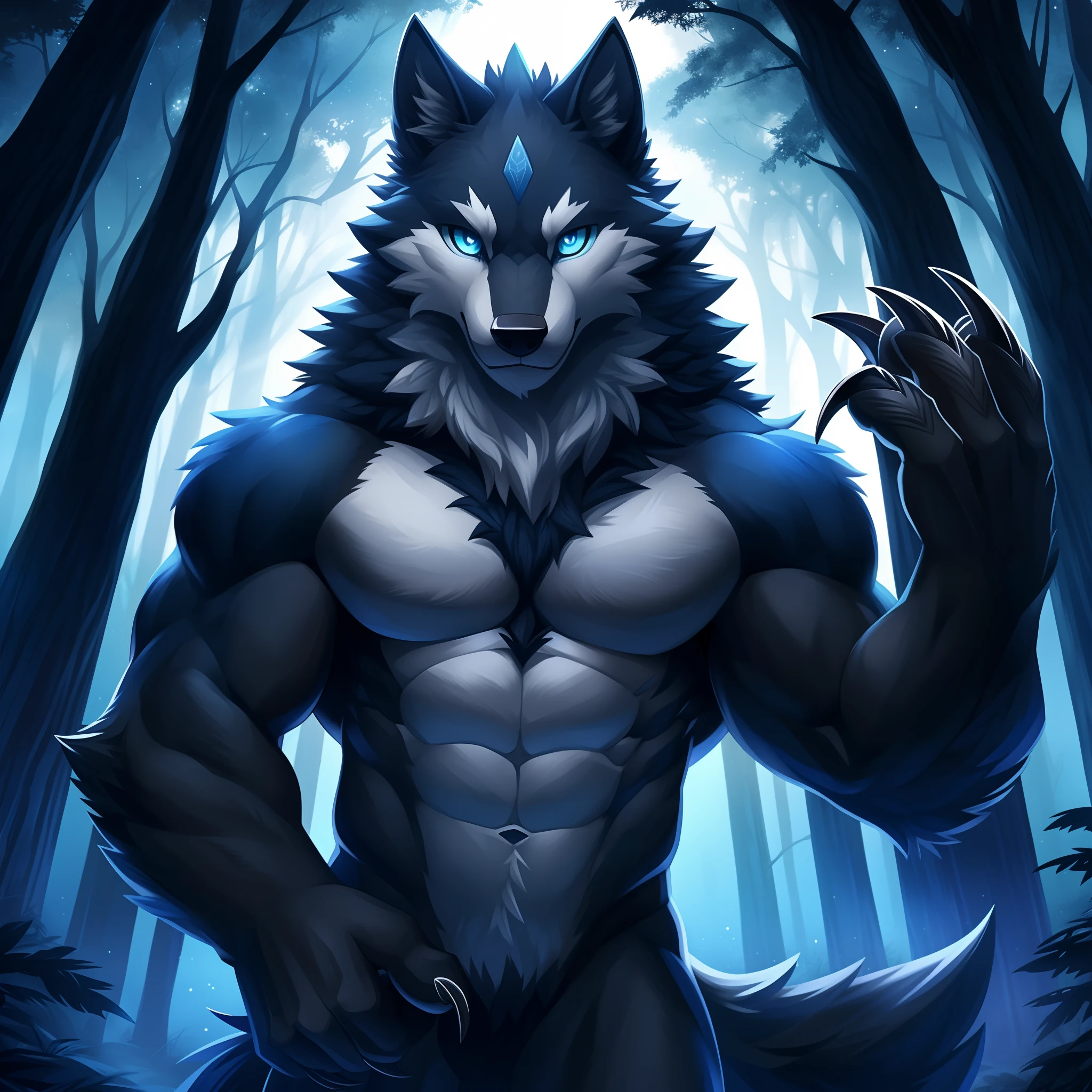 Solo, Male, (Muscular), (male anthro wolf):1.3, Black body, White belly, (Detailed eyes, blue color eyes, Sharp claws,Cute beast claws):1.1, (exteriors:1.35), ln the forest, the night