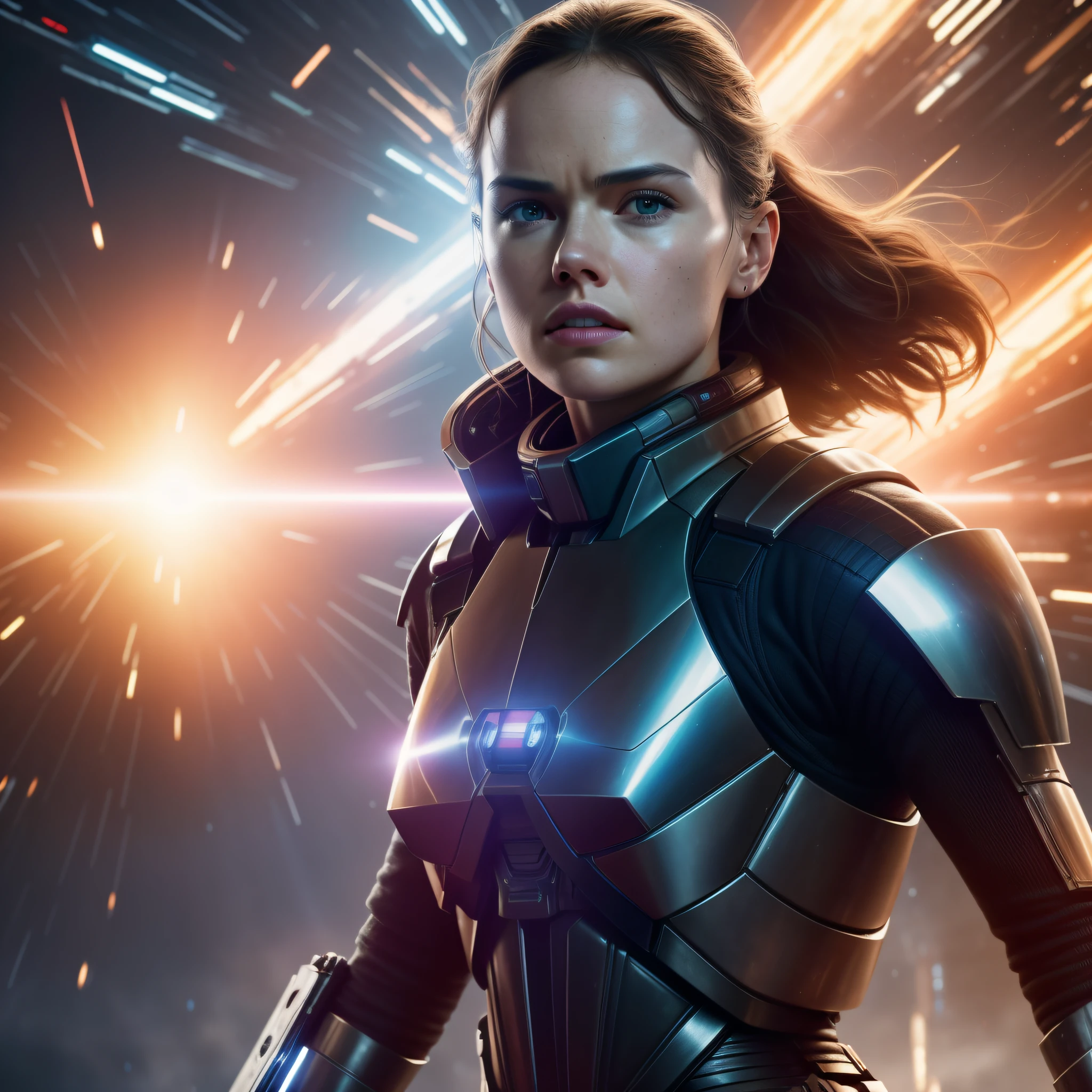 a close up action shot of epic Sci fi Hot Daisy Ridley, Detailed clothing details, Liquid effect, space, Interstellar battlefield photography, natural light, photorealism, cinematic rendering, ray tracing, the highest quality, the highest detail, Cinematic, Third-Person View, Blur Effect, Long Exposure, 8K, Ultra-HD, Natural Lighting, Moody Lighting, Cinematic Lighting