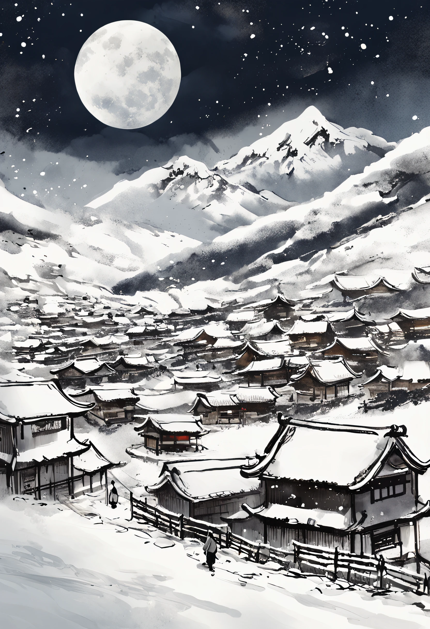 ((Snow continues to fall on the vast fields of a deserted mountain village deep in the mountains、In the sky, the faint moon can be seen through the snow clouds.、The area is quiet and the scenery where no sound can be heard is expressed in bonishi style.))::style Ink painting with only shades of ink ::n_style Colored in pale yellow at one point only for the oborozuki、Masterpiece