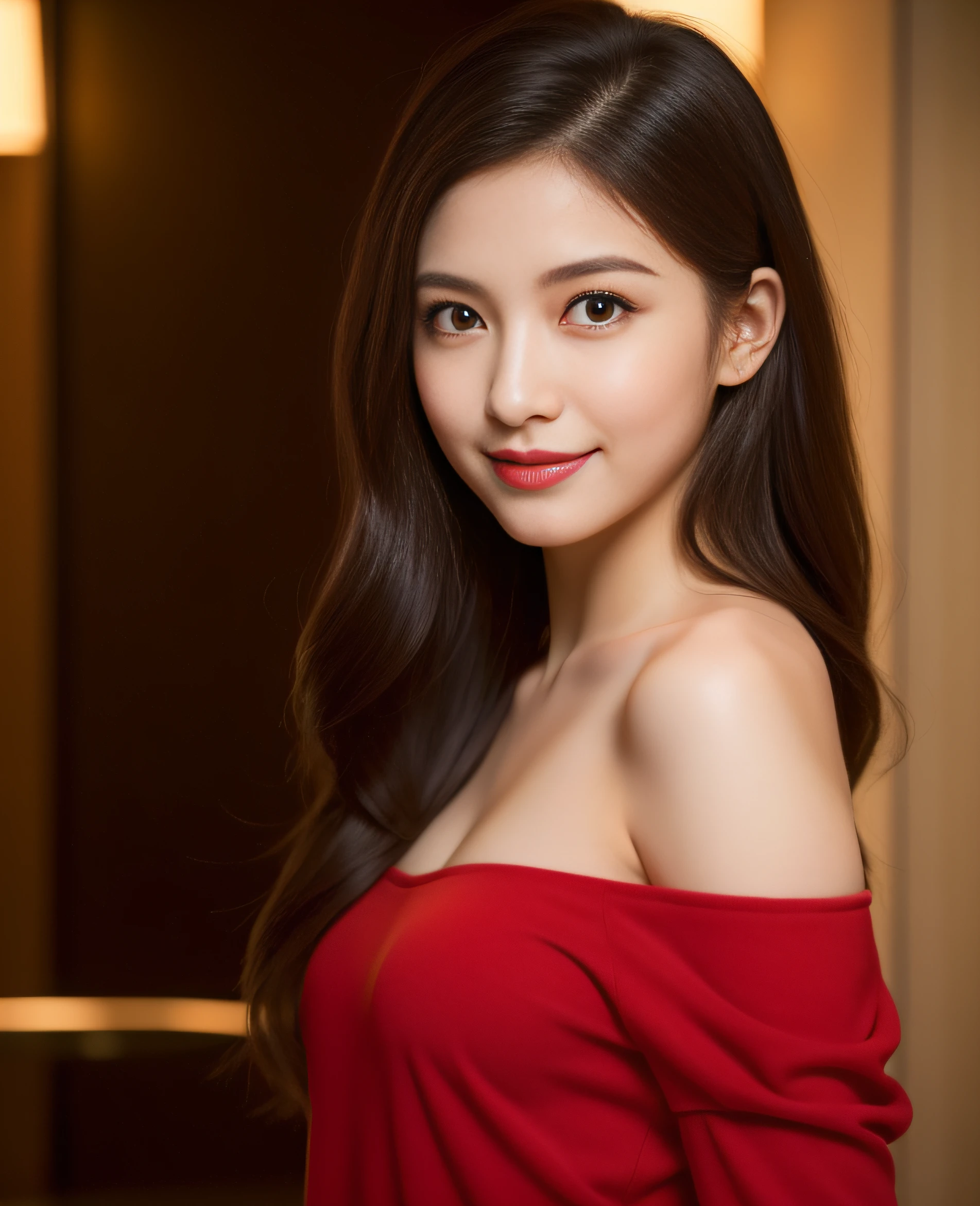 ((best quality, 8K, masterpiece: 1.3)), beautiful girl, pure, melon face, kind and cute, sweet smile, pure desire, slender body, (front), (tilted head), ((looking at camera) ), wearing a crimson suit, black silky medium hair, long flowing shoulders, round black big eyes, clear big eyes, moist red lips, sweet, turning around, standing in the hotel lobby, hotel background, ((((whole body)))),