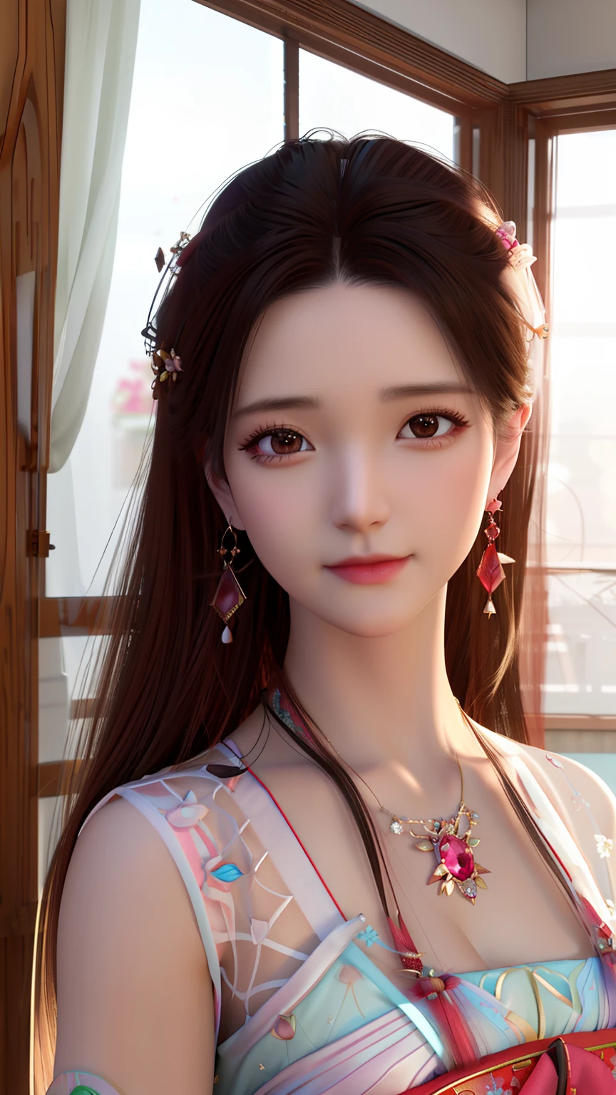 a close up of a woman wearing a dress and earrings, Guviz-style artwork, trending on cgstation, Realistic. Cheng Yi, Soft portrait shot 8 K, photorealistic anime girl rendering, Guviz, Palace ， A girl in Hanfu, 3 D rendering character art 8 K, Rendu portrait 8k, 3 d anime realistic