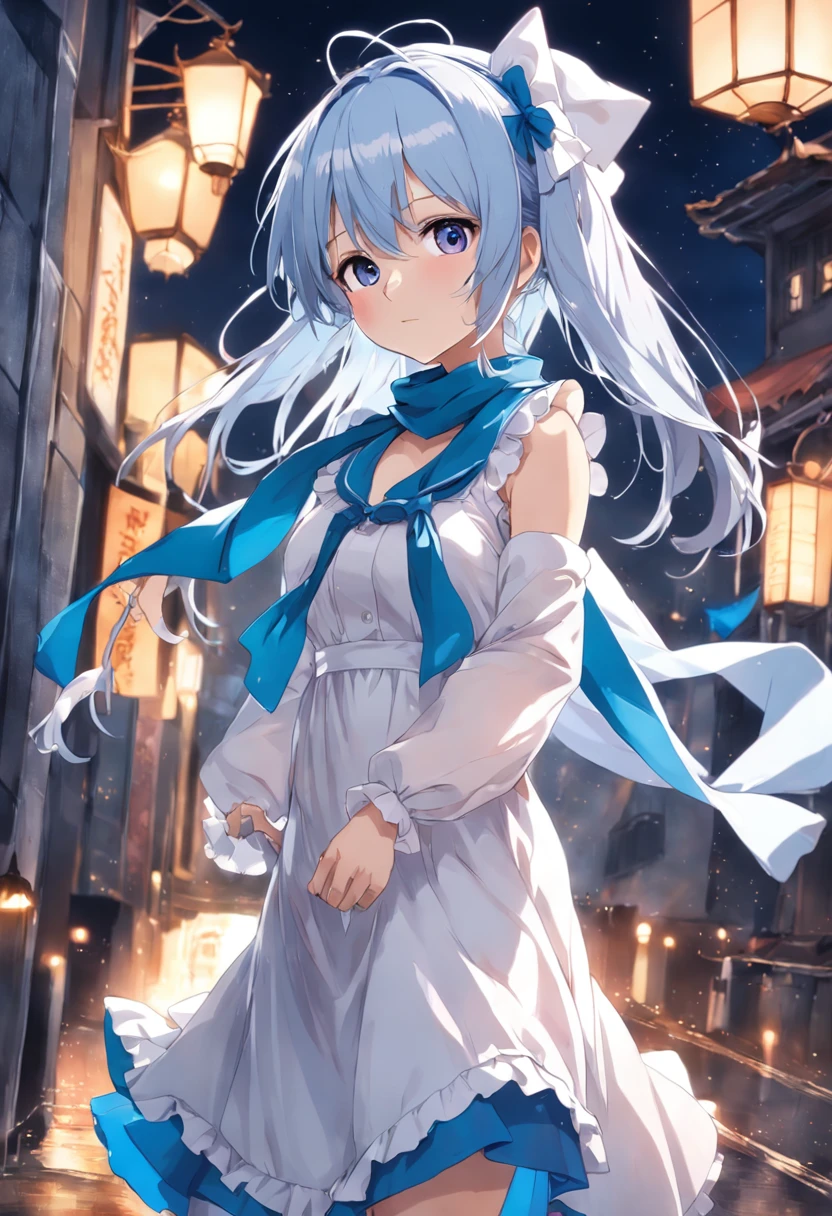 Anime girl in a maid's outfit with a blue scarf and a white dress, Misato Katsuragi, Iwakura Lain, anime moe artstyle, estilo anime como destino/noite de estadia, reisen udongein inaba, Menina do anime chamada Lucy, Retrato anime de Shiina Ringo, sprite visual novel, Tsuaii, personagem de anime feminino, Mai Yonyyama