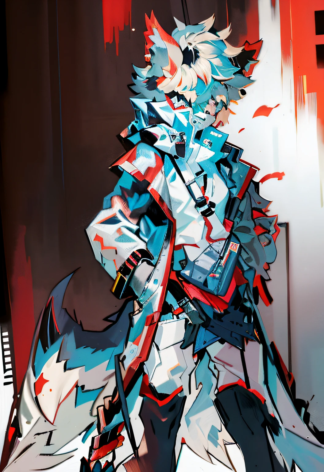 Anime - Anthropomorphic cyberpunk style werewolf characters,Wear a gray combat jacket。On the left side wears a sharp blue sword,The sword body is technically blue,A katana with a red blade on the right,Red pupils,Long tail