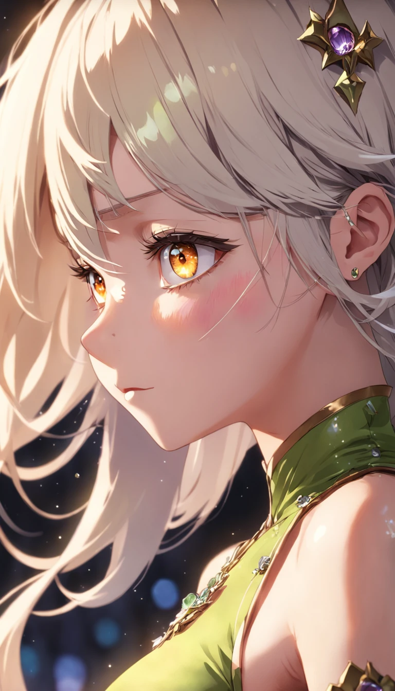((Best quality, 8k, Masterpiece :1.3)), (Lime yellow, Platinum Earrings, Platinum Necklace, No Clothing on, 1woman in, Cute, (Dynamic lighting:1.2), Cinematic lighting, Delicate facial features, Detailed eyes, Sharp pupils, Realistic pupils, depth of fields, Bokeh, Sharp Focus, (ultra-detailliert, bloom, Glow:1.4), Many Small Gems detailed eyes, double eyelid,(Gigantic breast:1.5)