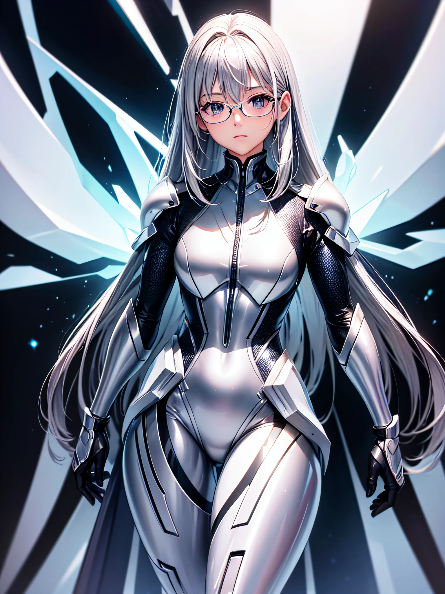 8K UHD、Silver-haired and small-nosed beauty in shiny silver full-body rider suit with glasses standing with legs open facing the front、Wearing a silver metallic rider suit、Upper Body Up