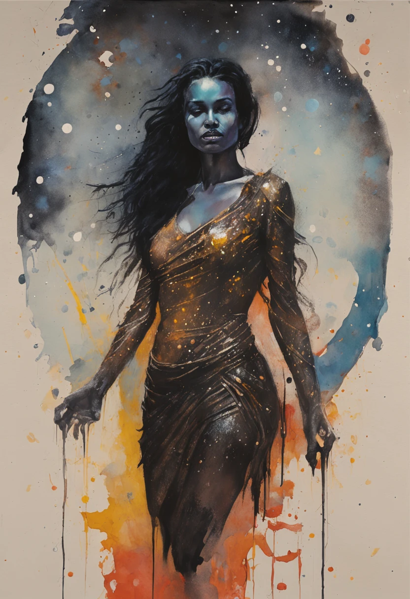 Bold graphic illustration, glowing constellation tattoos, dark fantasy, warriors garments, dark lights, nightmare, starry night, splash art, photo, 8k, shot on camera Canon 1DX, 50 mm f/2.8 lens, raw, dark angel, modest clothing, masculine armor, glowing constellation tattoos across her skin and face, deadly, fully clothed, small fangs, long and wavy black hair in a messy bun, dark cloak on, glowing tattoos, constellations, fierce expression, fangs, fully clothed, queenly, warrior, bokeh adicione um bikini e uma bunda grande