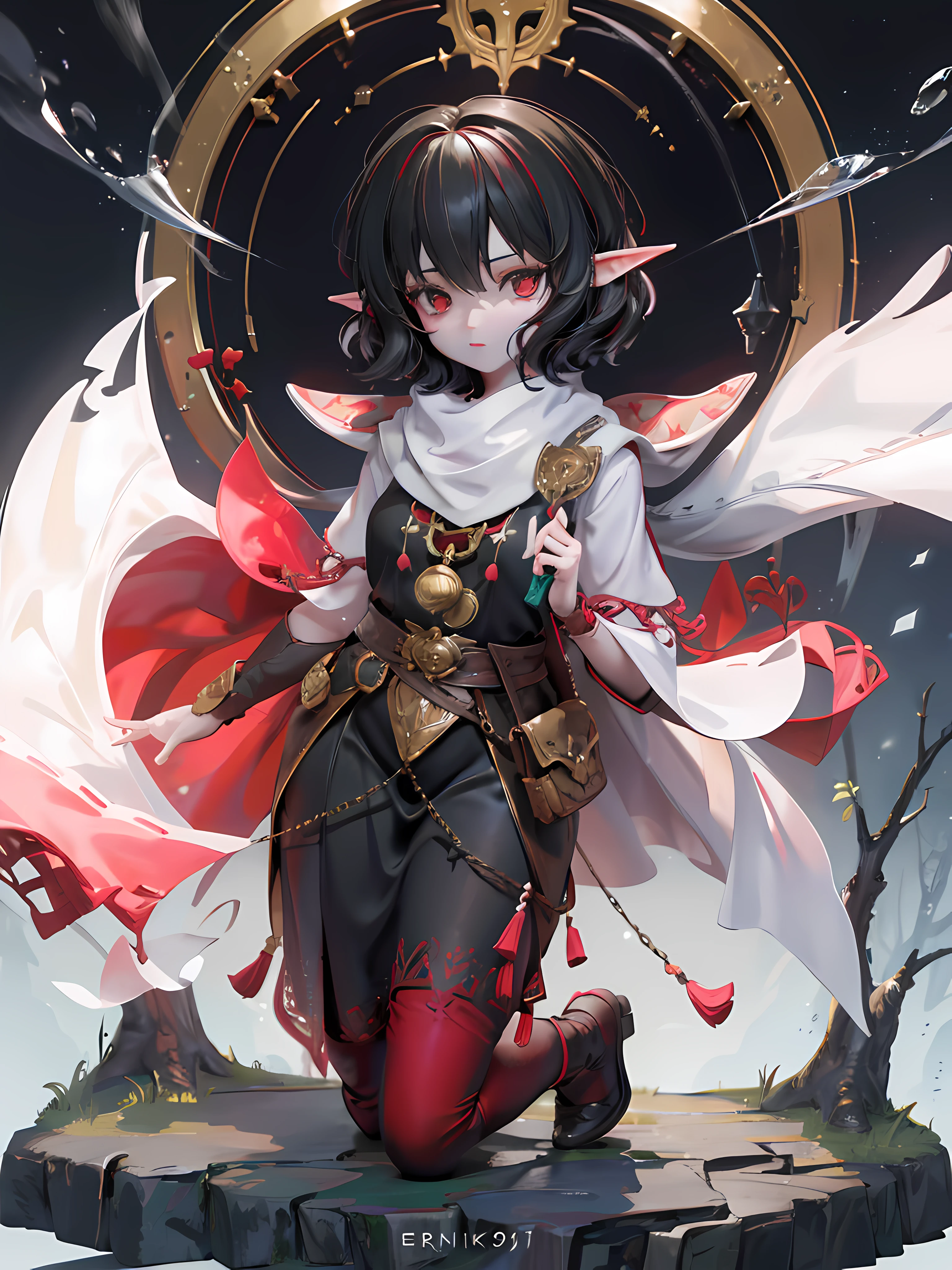 1boy, short Black hair, red eyes, white scarf, elf ears, black tunic, forest background,8k, high resolution, intricate details, ultrasharp, masterpiece, looking at viewer