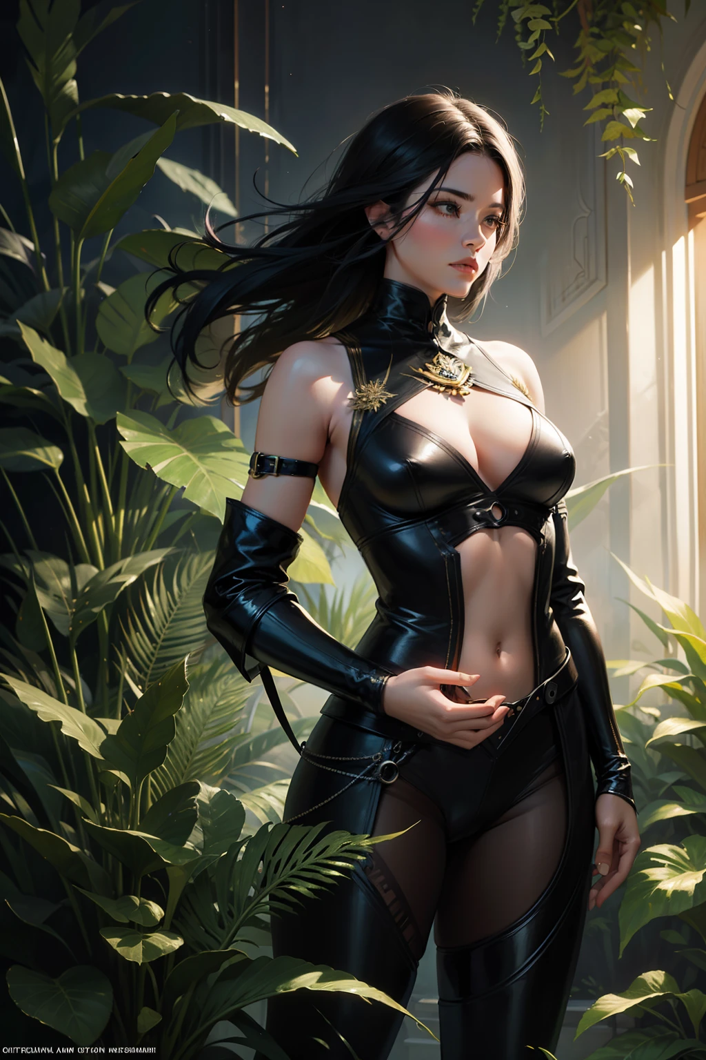 Beautiful woman, ferns, (floating black coi), oil painting, cinematic lighting, by artgerm, masterpiece