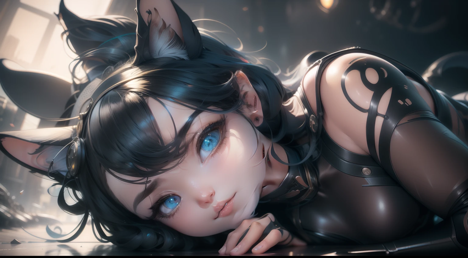 Portrait of Catwoman, anime catgirl, smooth soft skin, Fantastic Big Eyes, beautiful intricate colored hair, Symmetrical, anime wide eyes, Beautiful eyes, Soft lighting, Detailed face, By Makoto Shinkai, Stanley Ateg Liu, Phlegm sputum, phlegm, rossdraws, concept-art, Digital painting, looking at the camera in, 1girll