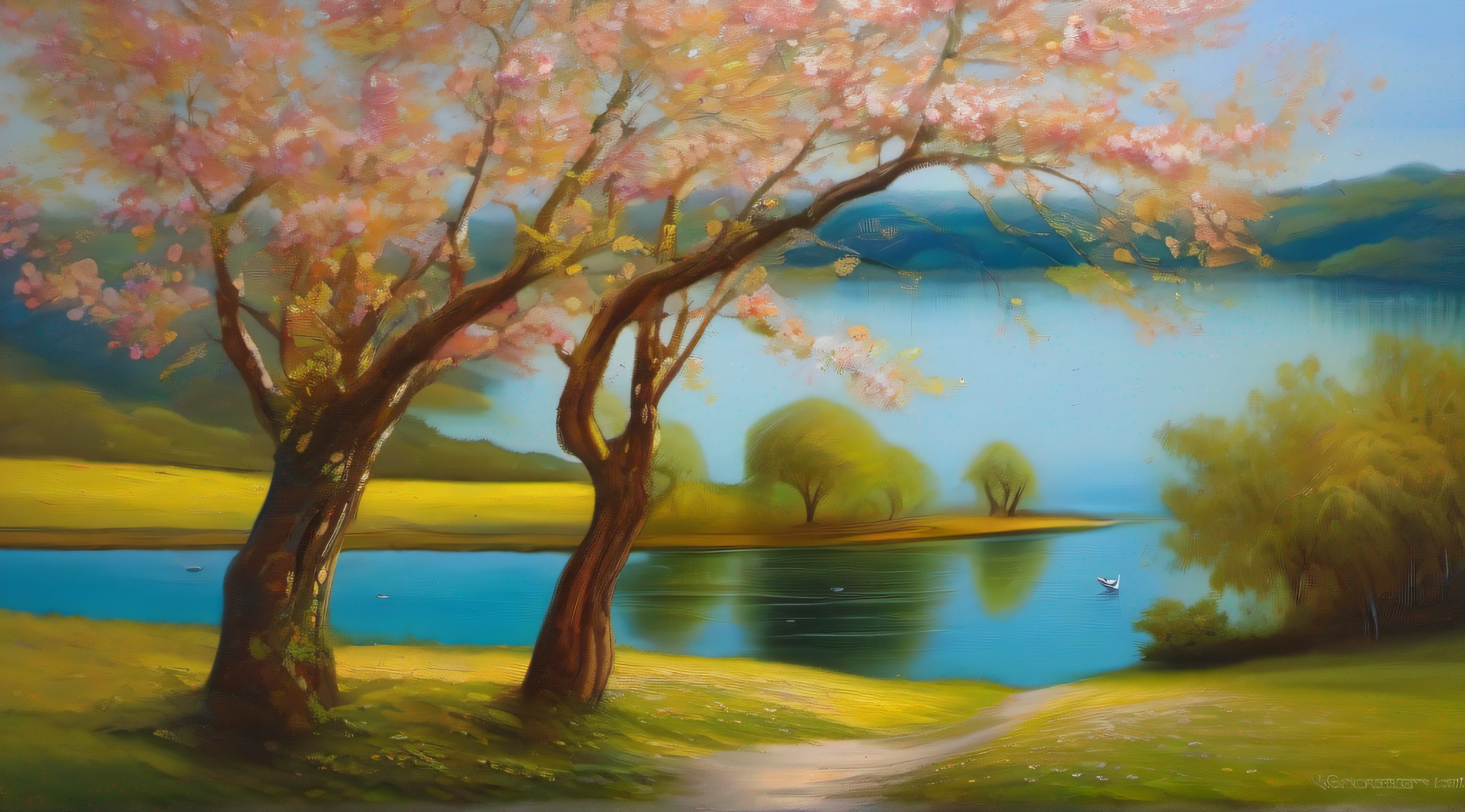 Beleza Dourada da Natureza, No museu, a painting is exposed to the public. A cena retrata um lago feito de ouro, onde uma mulher desliza graciosamente. Spring trees and flowers hug the lake, exalando vida e cores. The weather is magnificent, irradiando serenidade. A pintura carrega o estilo de Da Vinci, com detalhes precisos e um toque de encanto renascentista. The harmony between nature and gold is an ode to beauty, capturada para a eternidade na tela