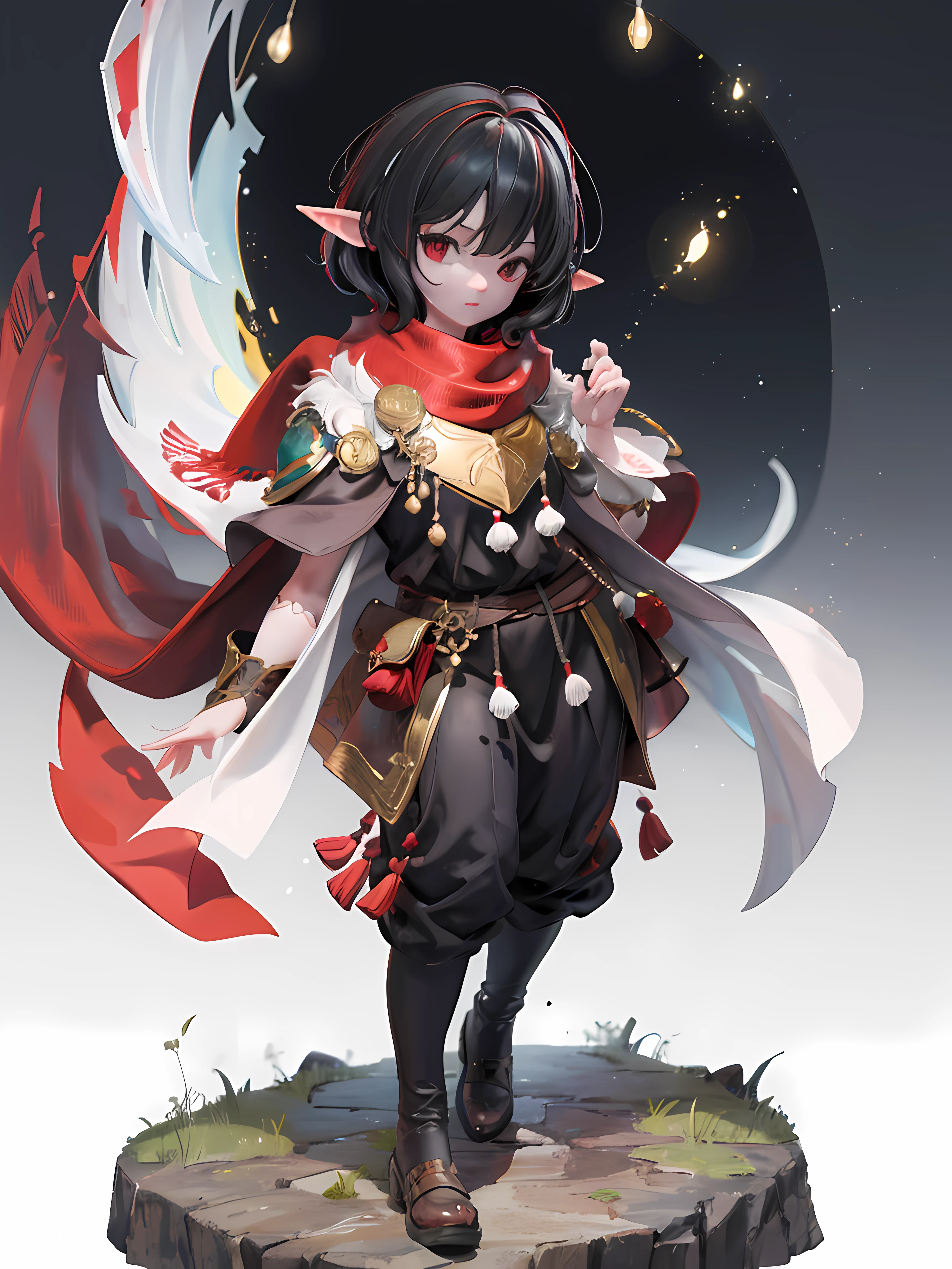 1boy, short Black hair, red eyes, white scarf, elf ears, black tunic, forest background,8k, high resolution, intricate details, ultrasharp, masterpiece, looking at viewer