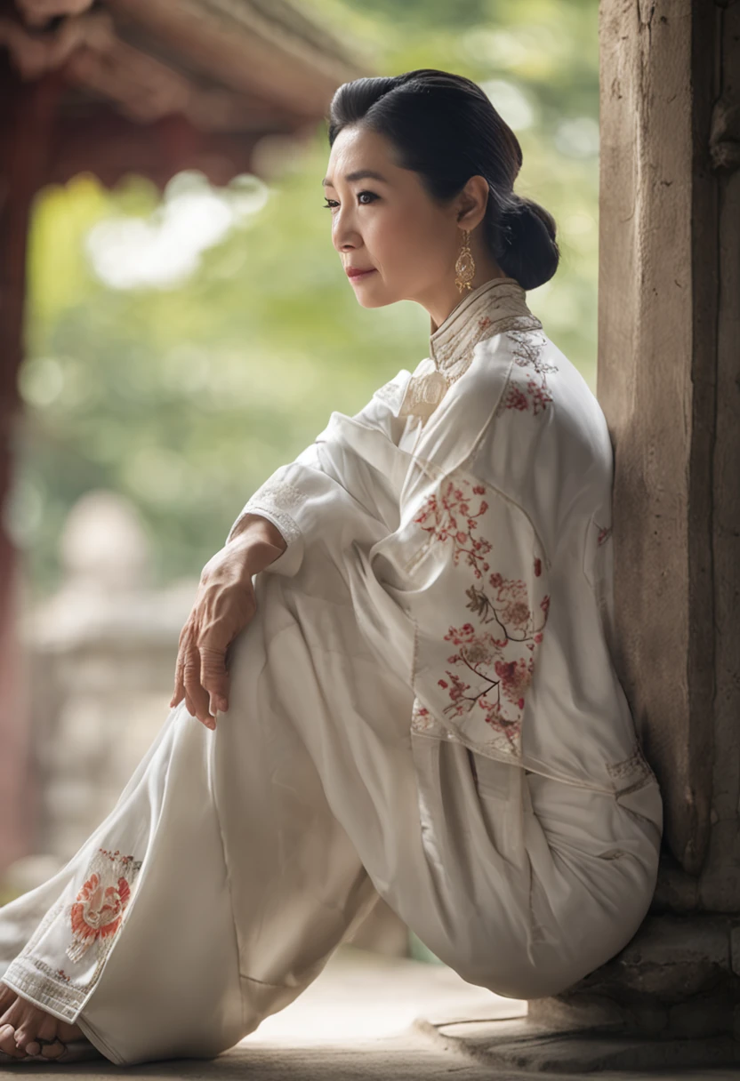 middle age Asian lady, traditional Vietnamese white dress, Chinese palace, portrait, masterpiece, best quality, photorealistic, raw photo, medium breast, light smile, detailed skin, pore, low key