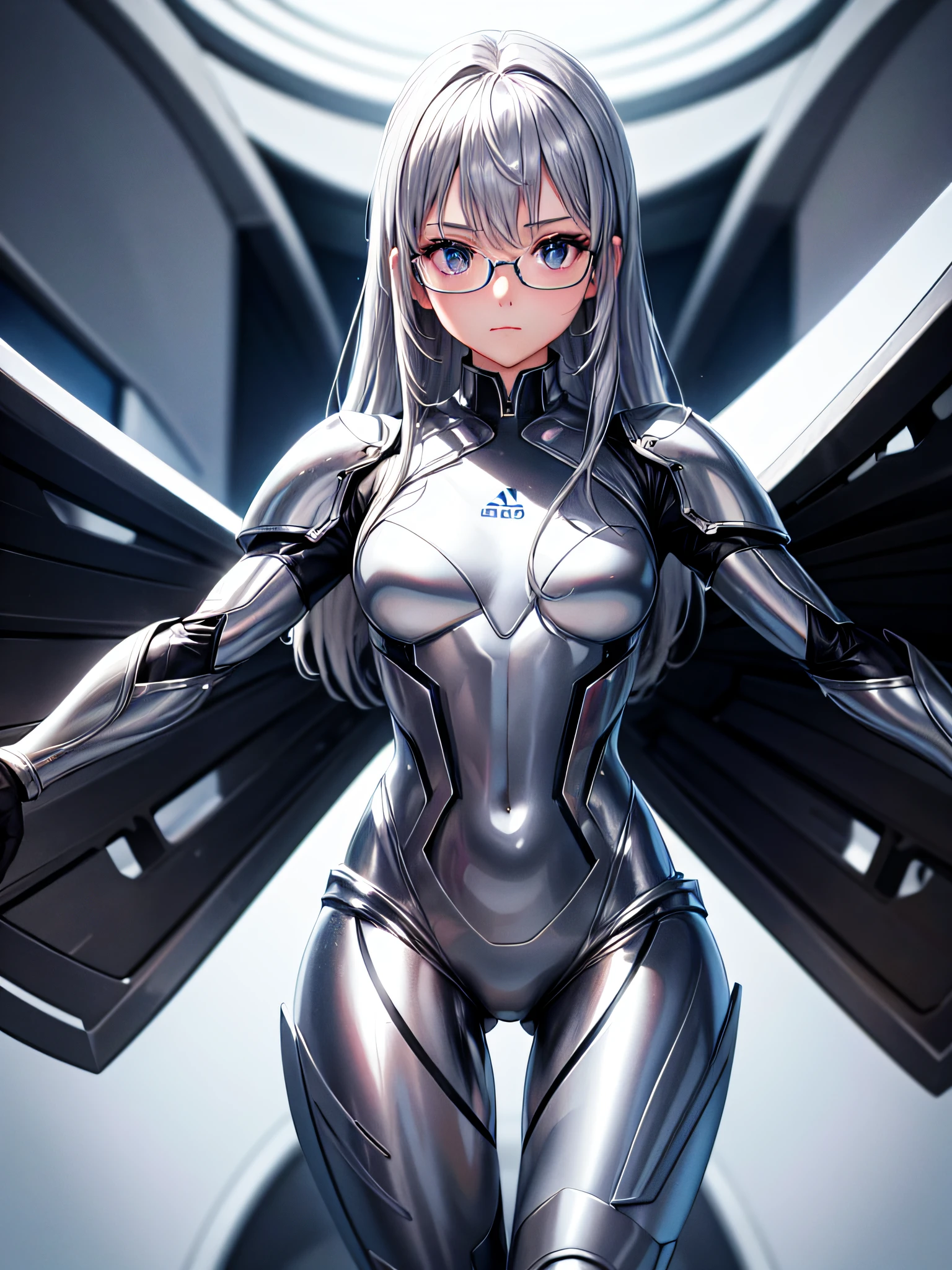 8K UHD、Silver-haired and small-nosed beauty in shiny silver full-body rider suit with glasses standing with legs open facing the front、Wearing a silver metallic rider suit、Upper Body Up