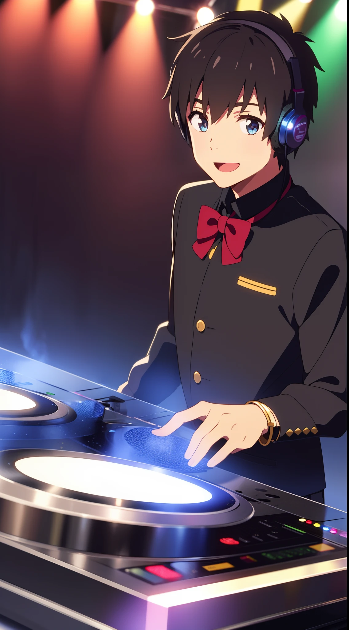 shinkai makoto, kimi no na wa., tachibana taki, 1boy, male, bangs, black hair, blue eyes, male focus, ****ta Performance Wear, bow, ribbon, short hair, looking at the viewer, smile, open mouth, :D, long sleeves, bracelet, DJ boy, nightclubs, mirror ball, headphones, disco, showcasing his skills on the turntables, Glitter, perfect hand, Live Performances, colorful light