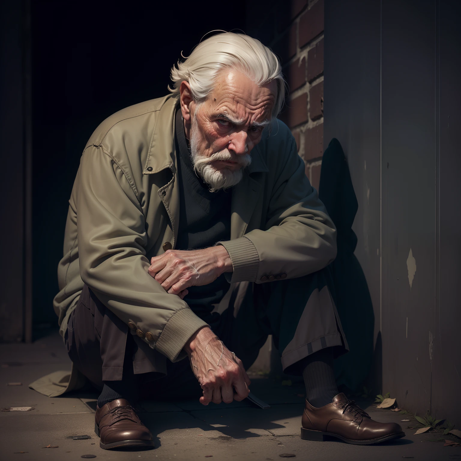 A sad old man sitting on the floor in a dark alley, with an expression of deep loneliness.