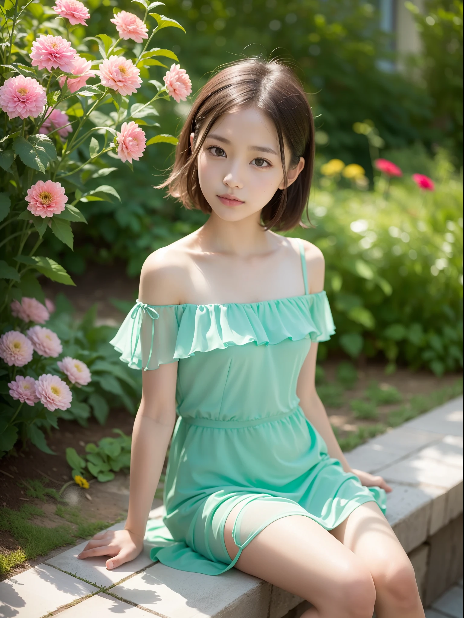 ((of the highest quality, 8K, masutepiece: 1.3, Raw photo)), Sharp Focus: 1.2, (1 AESPA Girl :1.1), Solo, (Realistic, Photorealistic: 1.37), (Face Focus: 1.1), Cute face, hyperdetailed face, short messy hair, Small Smile, slender, (small bikini, Off-the-shoulder chiffon dress: 1.2), panties, sitting, garden, flower, dahlia