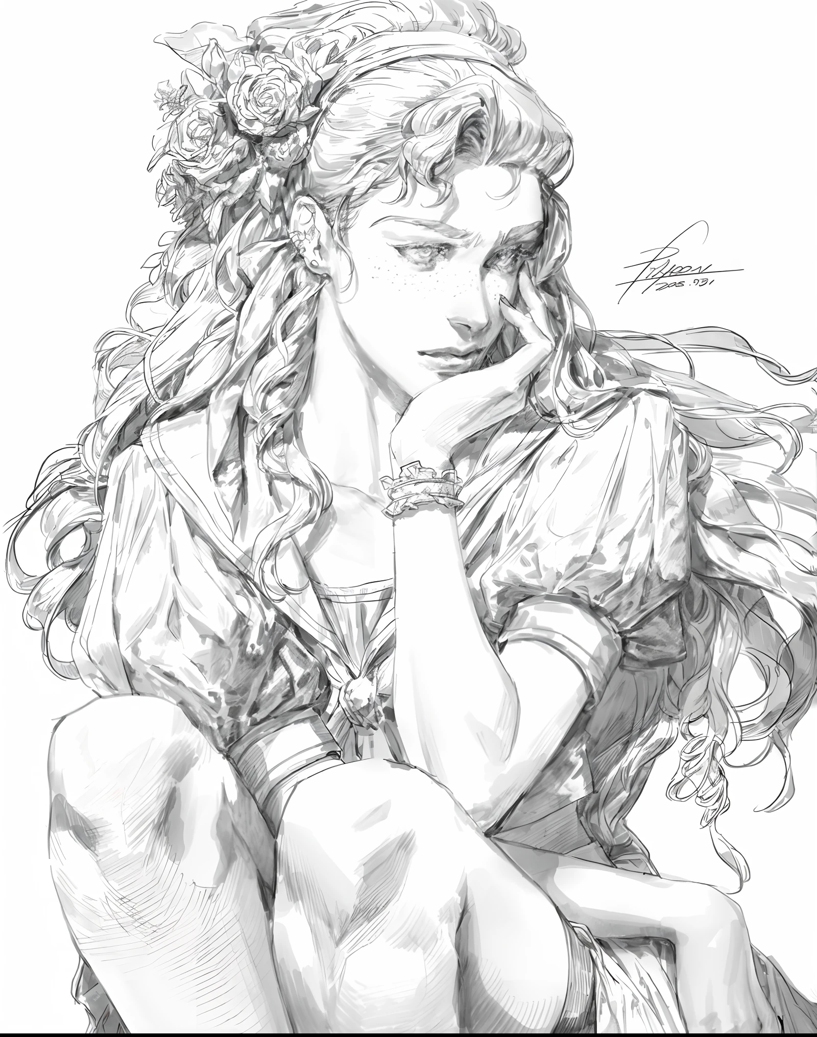 a drawing of a woman sitting on the ground with her hand on her chin, boris valejo. octopath traveler, by Yoshihiko Wada, by Yumihiko Amano, inspired by amano, highly detailed exquisite fanart, beautiful line art, inspired by Yoshihiko Wada, high quality sketch art, by Kentaro Miura, by amano
