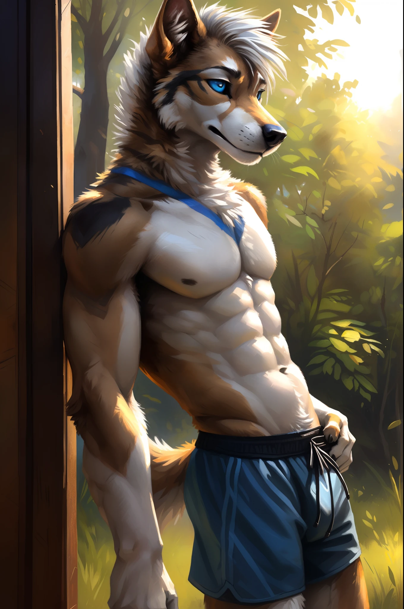 ((Solo)), Male, anthro wolf, (Multi-colored fur, Black White Taupe:1.3), ((Dog face, White hair, Big eyes, White eyelids, Blue pupil, Slim:1.2)  (Tough, Calm expression:1.2)), ((sport:1.1)), Abs, Slim, pinging)), (Correct anatomy), (Work shorts:1.1), (Contoured bones:1.2), naked torso, (detailed outfits), (Realistic fur, Detailed fur texture, labeled:1.3)), (Natural lighting), Photorealistic, Hyperrealistic, ultradetailed, by Kenket