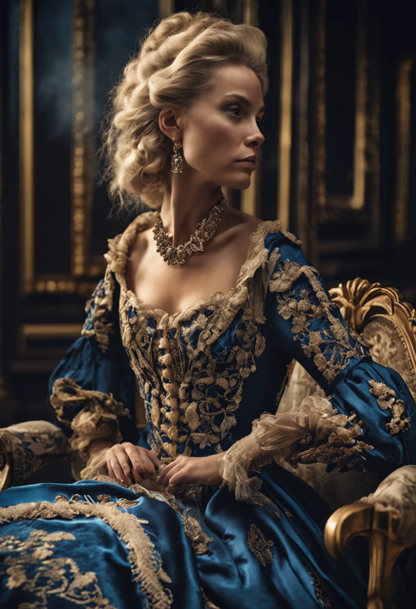 A blonde woman in a dark blue dress sits on a chair in the palace, rococo queen, historical baroque dress, aristocratic clothes, rococo fashion, ornate royal gown, wearing a noblewoman's outfit, Rococo dress, intricate costume design, in a fancy elaborate dress, royal robe, 1 7 th century duchess, baroque dress