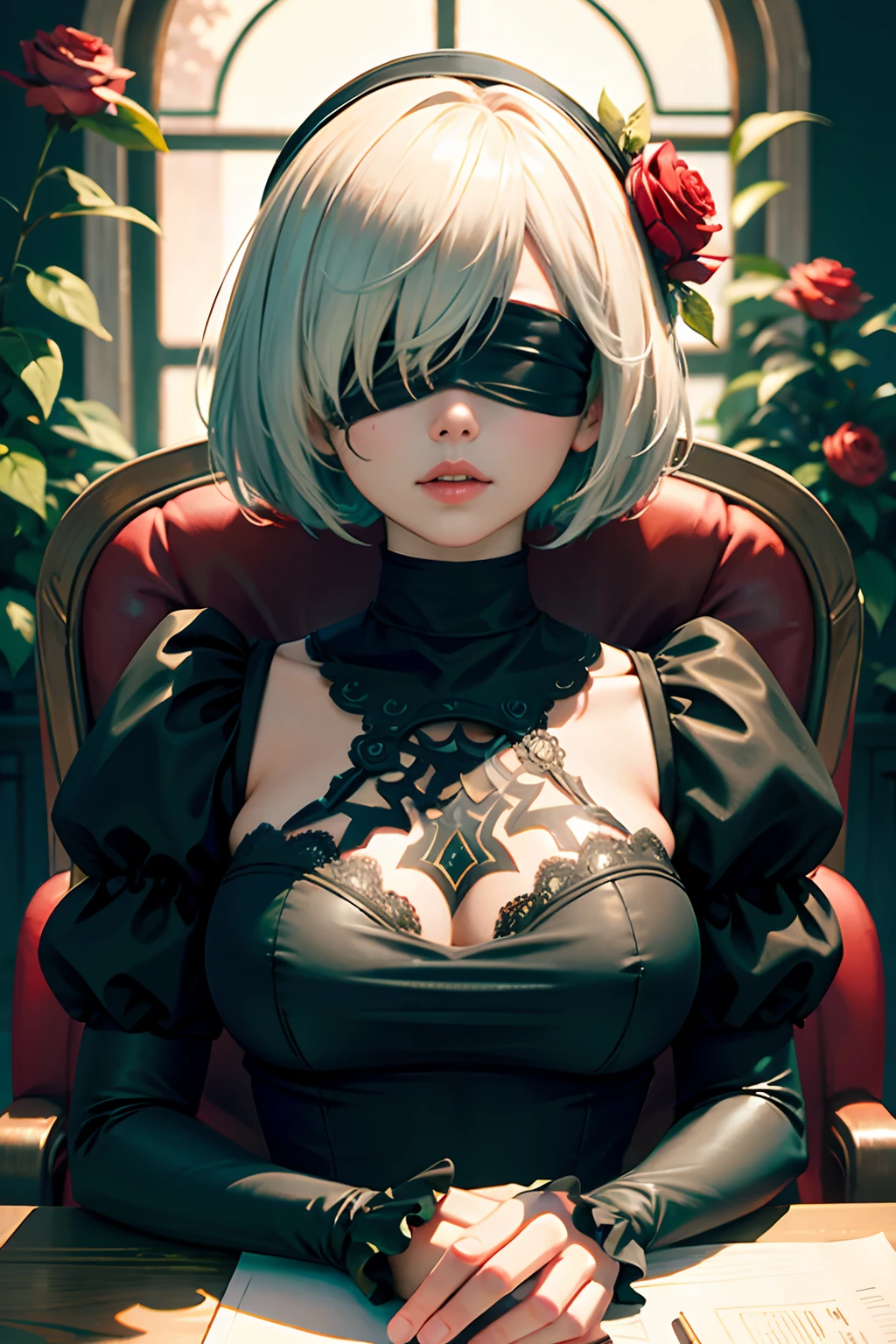 Ultra-detail,(highres:1.1),best quality,(masterpiece:1.3),cinematic lighting,garden,red rose,surrounded by flower,night,dual tone image,
BREAK,
(detailed face and eyes:1.1),(upper body:1.1),n_2b,blindfold,black blindfold,(1girl:1.1),sitting,on chair,