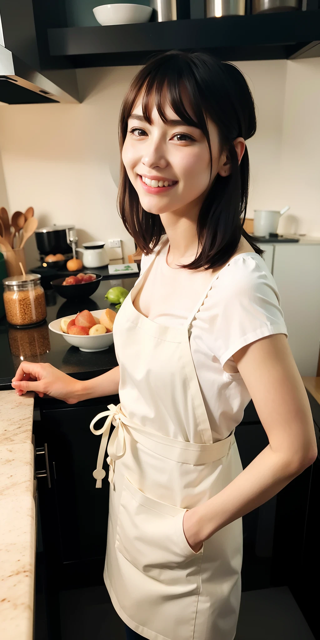 best quality,highly detailed,masterpiece,ultra-detailed,illustration,ultra high res, (photorealistic:1.4,8k),kitchen,1girl,cute,(apron, ),day,grin, face,black hair,clear face,