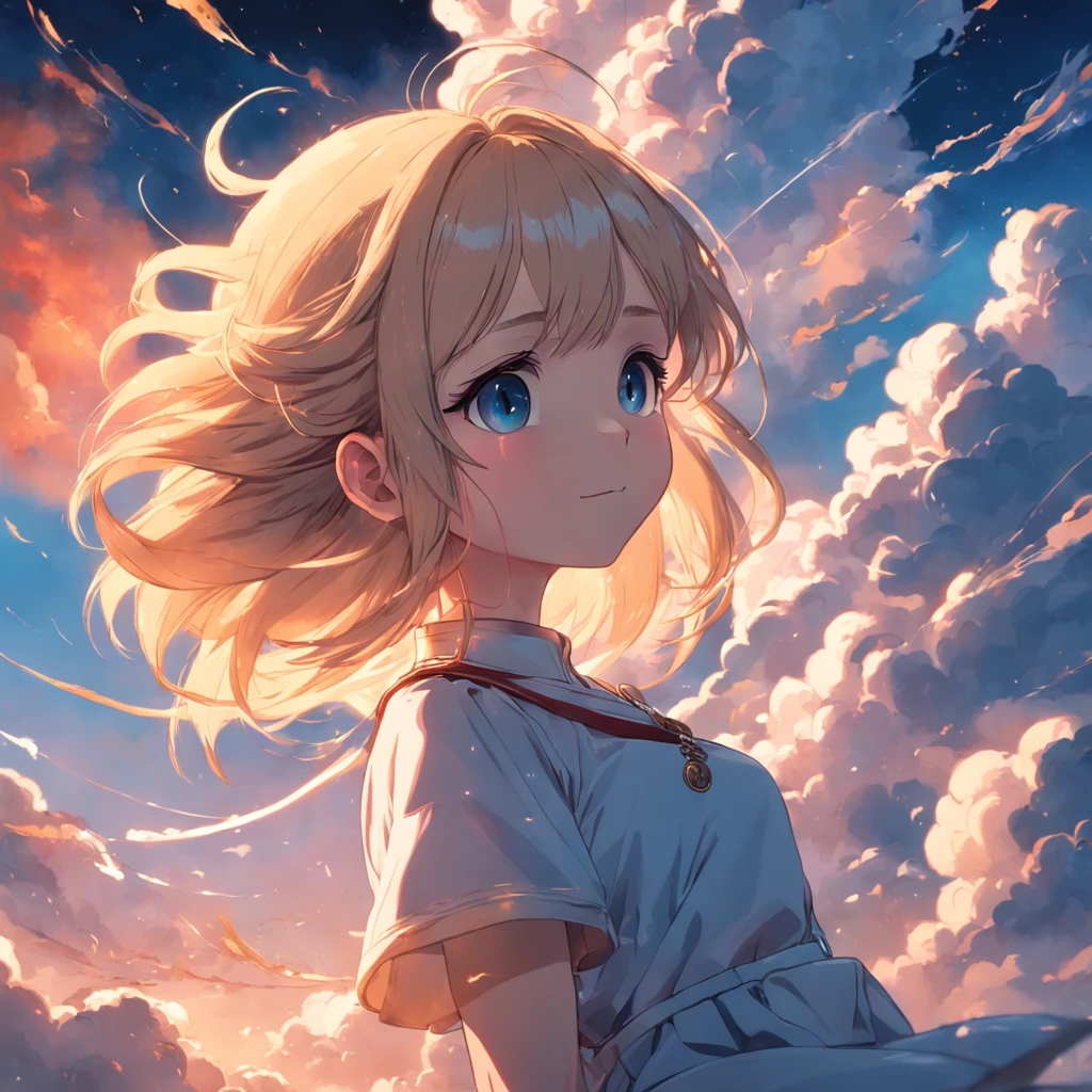 masterpiece, best quality, movie still, 1girl, cloud girl, floating in the sky, close-up, bright, happy, warm soft lighting, sunset, (sparks:0.7)