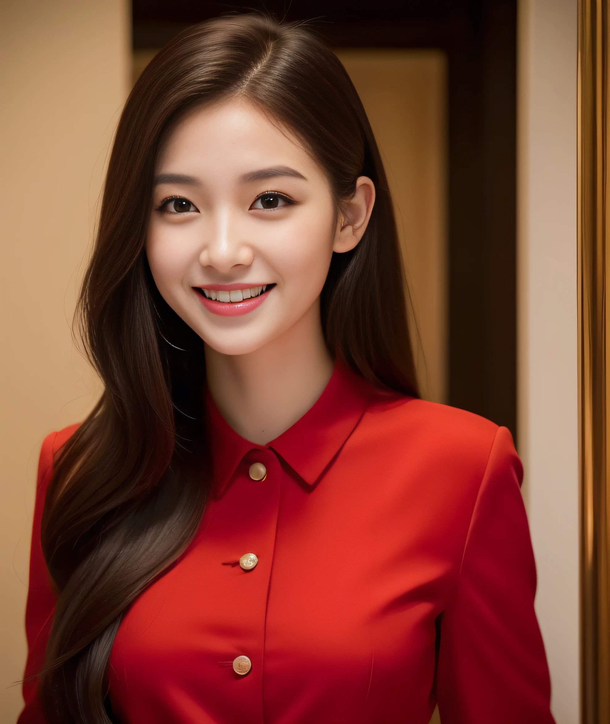 ((best quality, 8K, masterpiece: 1.3)), beautiful girl, pure, melon face, kind and cute, sweet smile, pure desire, slender body, (front), (tilted head), ((looking at camera) ), wearing a crimson suit, black silky medium hair, long flowing shoulders, round black big eyes, clear big eyes, moist red lips, sweet, sitting in the hotel lobby, hotel background , ((((whole body)))),