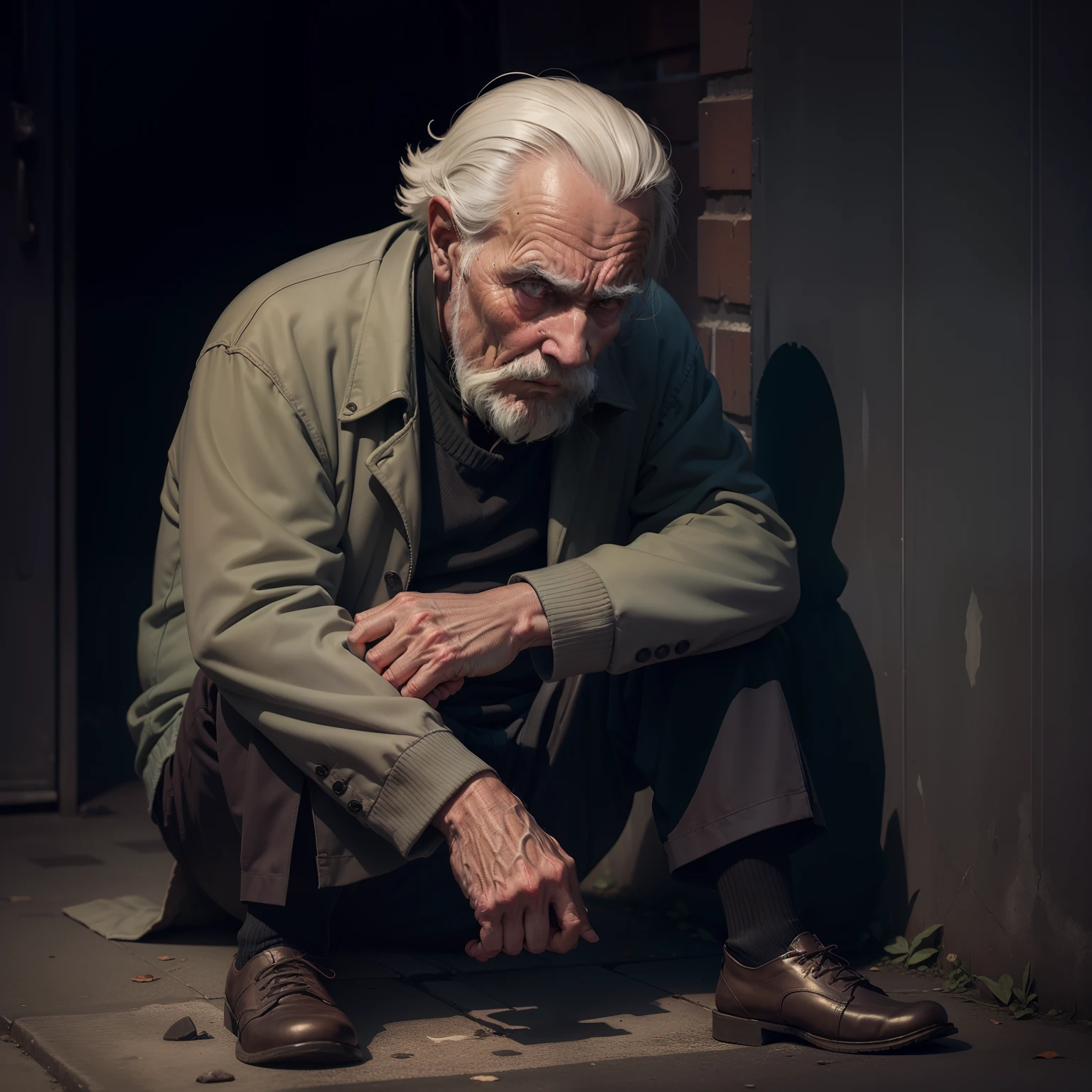 A sad old man sitting on the floor in a dark alley, with an expression of deep loneliness.
