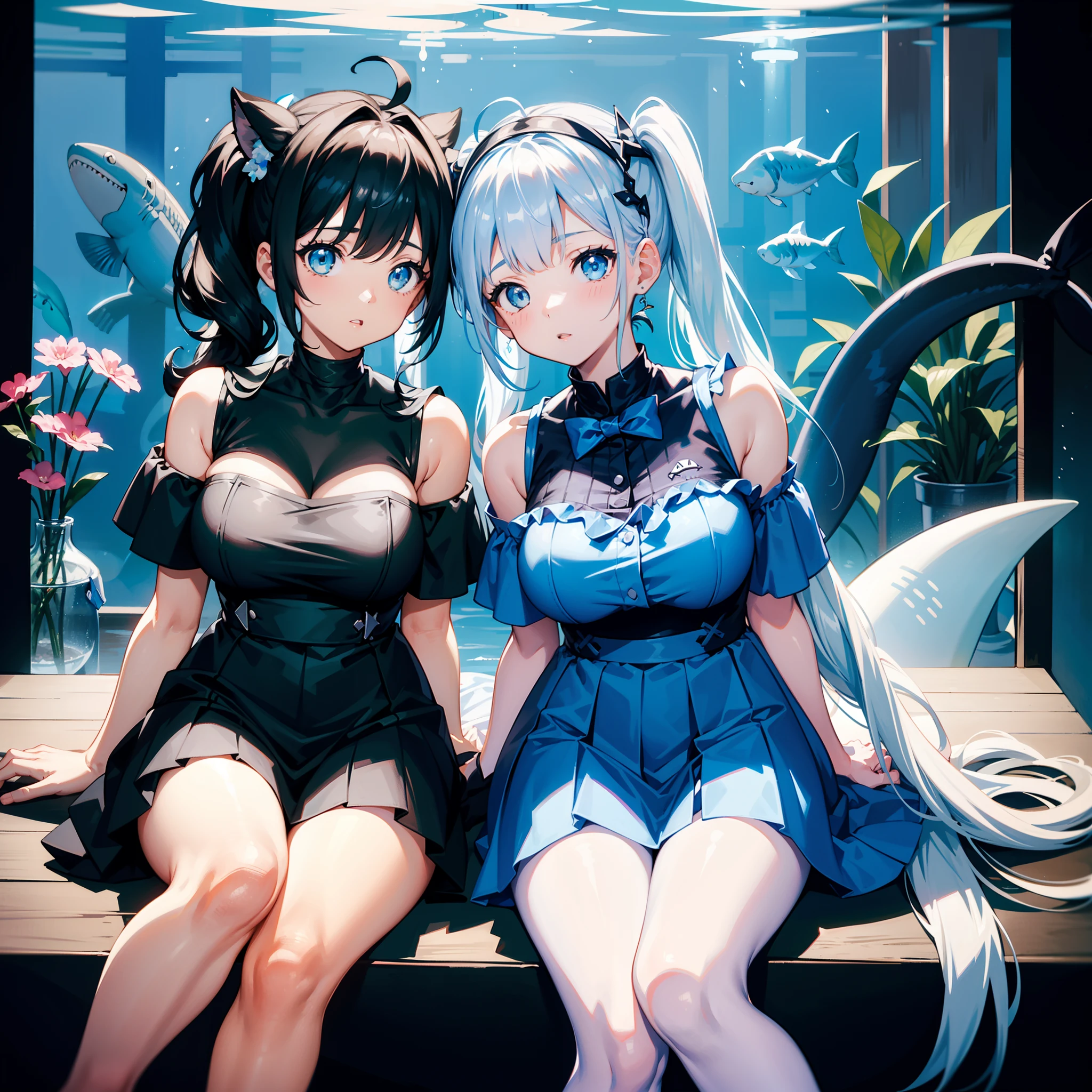 ((best quality)), (Ultra Detailed), ((Extremely detailed)), (fair), ((Kawaii girl)),  ((Ultra HD)), (masterpiece), (high quality), (best quality), (4K), (high quality), （2 girls）, Hug each other，Parted bangs, ((Hair intake)), Long hair, （Random Hairstyle）， Larger breasts, slim body, （one piece swimsuit）, （Transparent fabric） Showing underwear super short transparent skirt