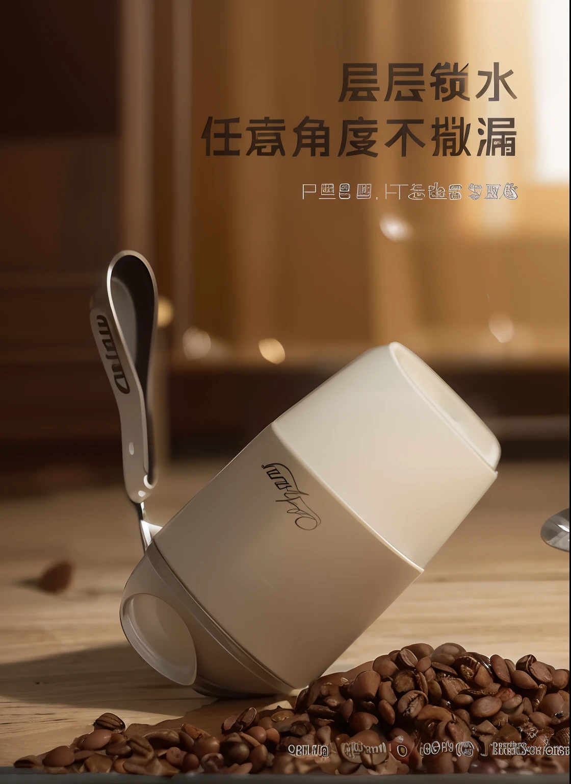 There is a poster,There is a coffee cup and a spoon on it, ProductAdvertisements, Official product image, Official product photo, Product photo, commercial product photography, 45mm, 4 5 mm, product image, Handsome,Cinematic lighting effects,k hd,high detal,Tyndall light effect