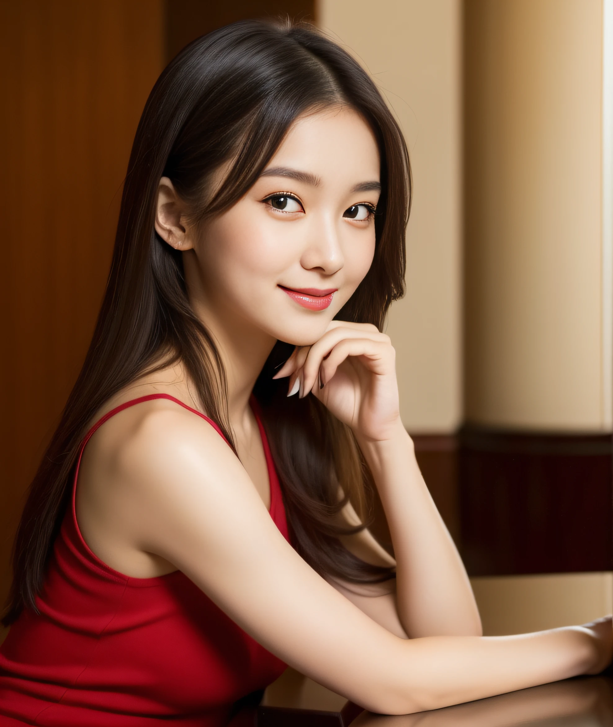 ((best quality, 8K, masterpiece: 1.3)), beautiful girl, pure, melon face, kind and cute, sweet smile, pure desire, slender body, (front), (tilted head), ((looking at camera) ), wearing a crimson suit, black silky medium hair, long flowing shoulders, round black big eyes, clear big eyes, moist red lips, sweet, sitting in the hotel lobby, hotel background , ((((whole body)))),