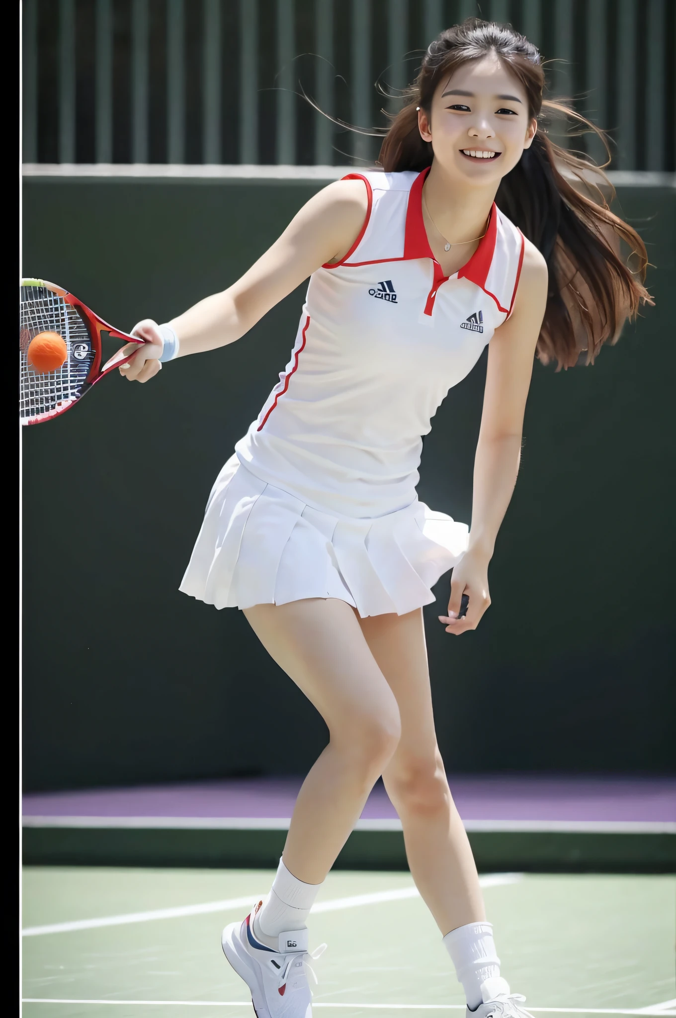 (8K, Best Quality, Masterpiece: 1.2), (Realistic, Photorealistic: 1.37), Super Detail, 1 Girl, 20 years old, Big, Beauty, Cute, Smile, Solo, Tennis Wear, Mini Skirt, Tennis Court, Racket, Tennis Ball, (Redness of the Nose), (Smile: 1.15), (Mouth Closed), Beautiful Eyes, (Long Hair: 1.2), Floating Hair Novafrog style, upper body