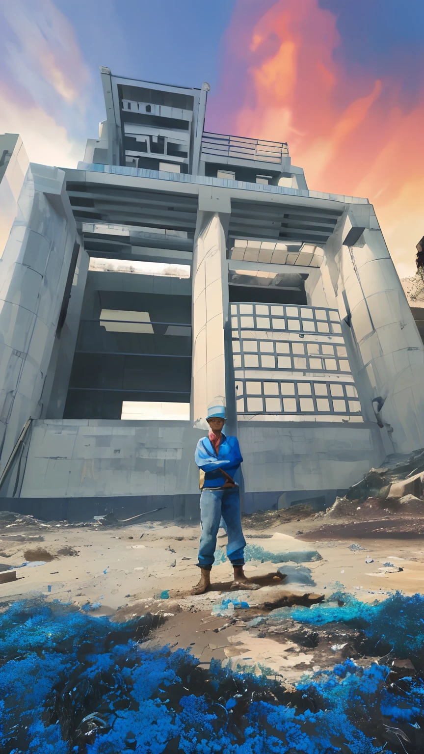 Civil engineer man standing in front of a building with a blue sky, portrait of a big, photo taken in 2 0 2 0, the photo shows a large, a person standing in front of a, photo taken in 2018, end of an era, by Douglas Shuler, huge success, engineer, an ancient, an dramatic, a dramatic