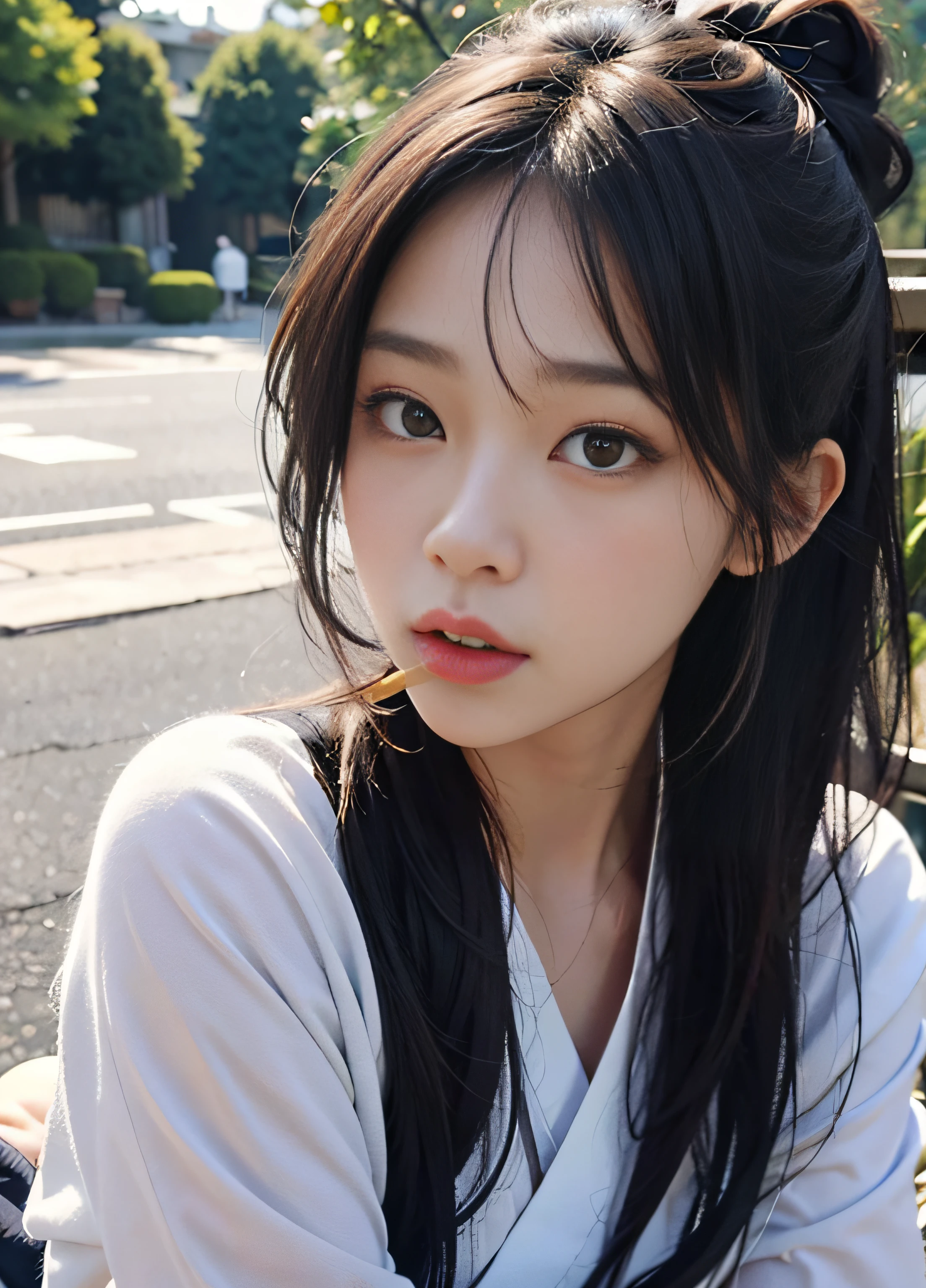 "Masterpieces of photography, Top quality and ultra-detailed appearance. Japan student woman looking young, Present sensual nuances, Please wear transparent clothing and wet knitwear, The background may be blurry, however、The main image must be clear and clear. (1 girl), Blue eyes, Long Black Hair, Modern and gentle hairstyle. Close-ups of your skin should emphasize the richness of details. Context optimization、It is necessary to strengthen its characteristics."