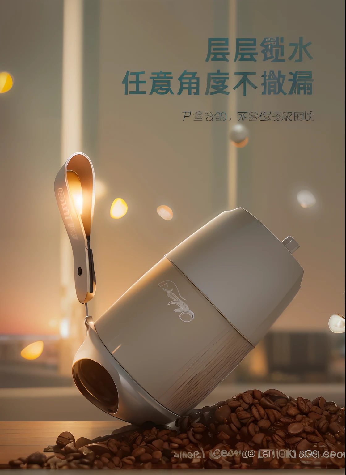 There is a poster,There is a coffee cup and a spoon on it, ProductAdvertisements, Official product image, Official product photo, Product photo, commercial product photography, 45mm, 4 5 mm, product image, Handsome,Cinematic lighting effects,k hd,high detal,Floor-to-ceiling windows in the background,The sea view from the window is the setting sun