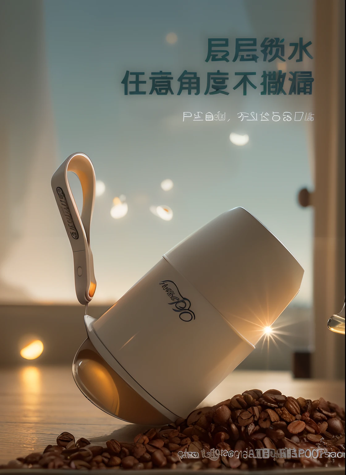 There is a poster，There is a coffee cup and a spoon on it, ProductAdvertisements, Official product image, Official product photo, Product photo, commercial product photography, 45mm, 4 5 mm, product image, Handsome，Cinematic lighting effects，Morning light on the product，k hd，high detal，Divine sense top light，Floor-to-ceiling windows in the background，The sea view from the window is the setting sun