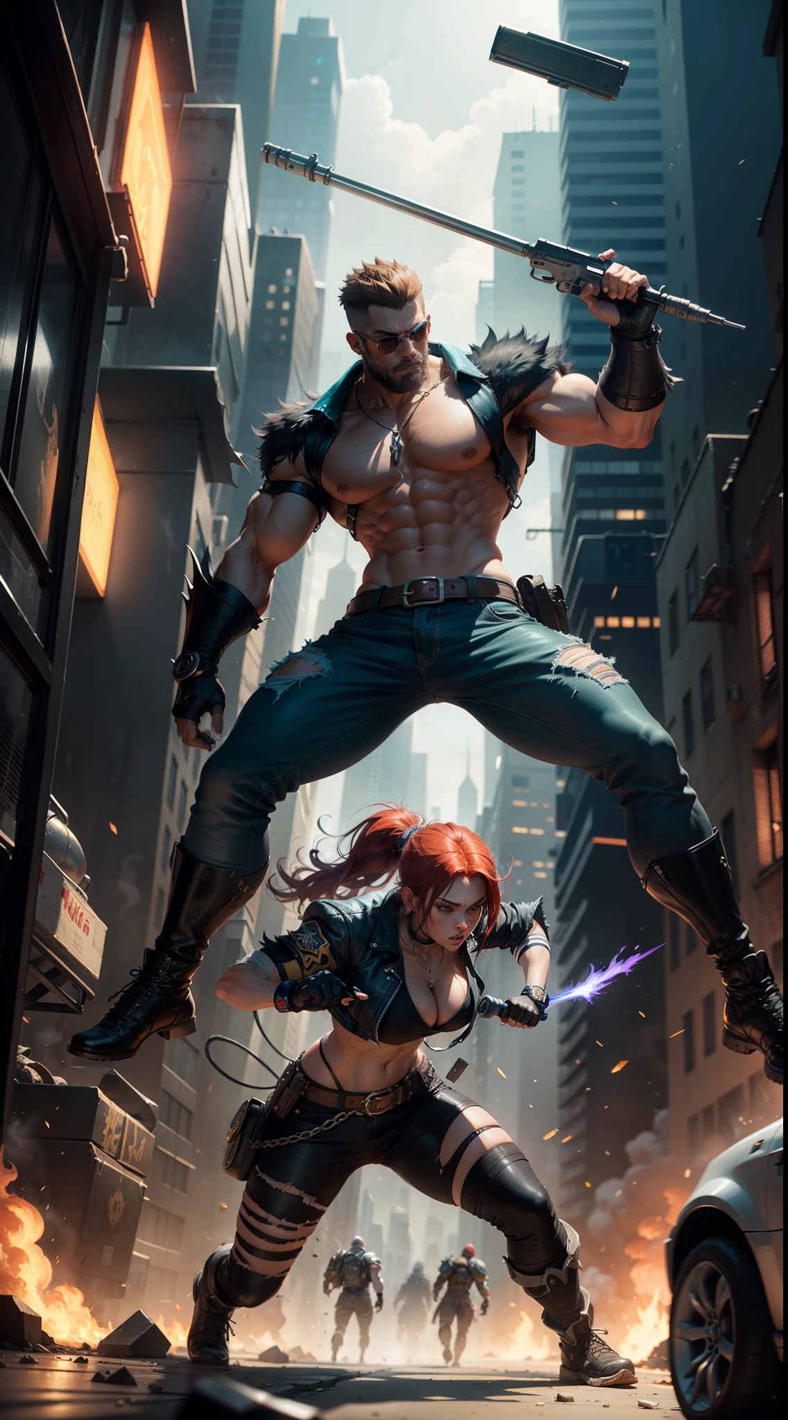 "personagem Blaze, Street Of Rage style action game, Set in a futuristic city, poses de luta impactantes, personagens vestindo roupas de luta."