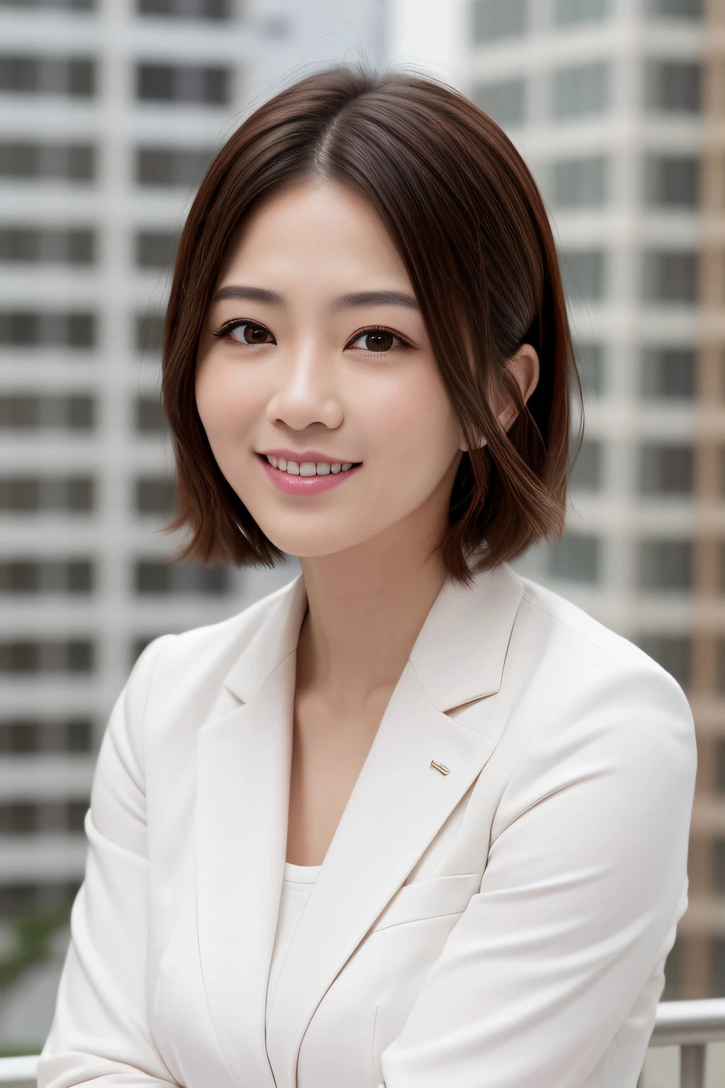 ((Best Quality, 8k wallpaper, masutepiece: 1.3)), 1 Japan Woman, Smile, Realistic photos from upper body to knees, Slim Face, ((short-hair)), White crisp suit on upper body, Super Detailed Face, Detailed eyes, Double eyelids, Blurred background, highrise buildings