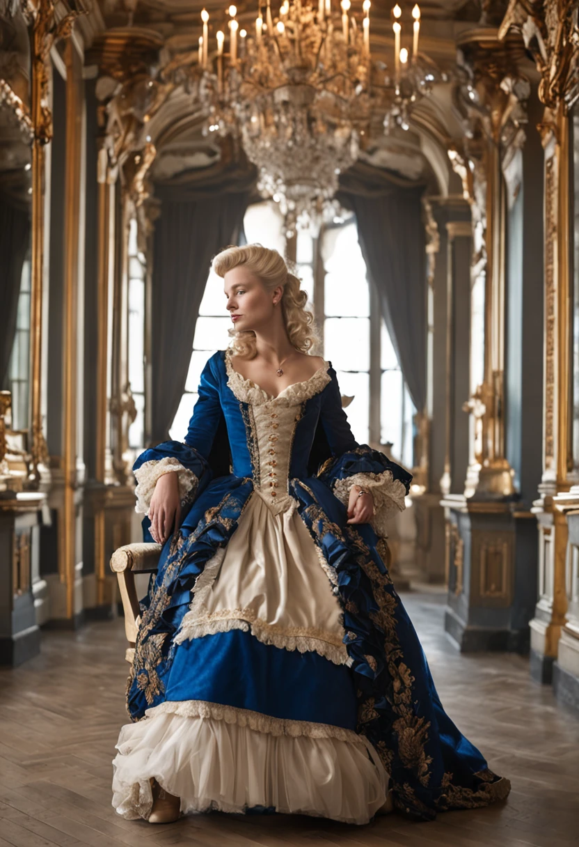 A blonde woman in a dark blue dress sits on a chair in the palace, rococo queen,  historical baroque dress, aristocratic clothes, rococo fashion, ornate royal gown, wearing a noblewoman's outfit, Rococo dress, intricate costume design, in a fancy elaborate dress, royal robe, 1 7 th century duchess, baroque dress，Plump and large breasts，ssmile，Gorgeous appearance