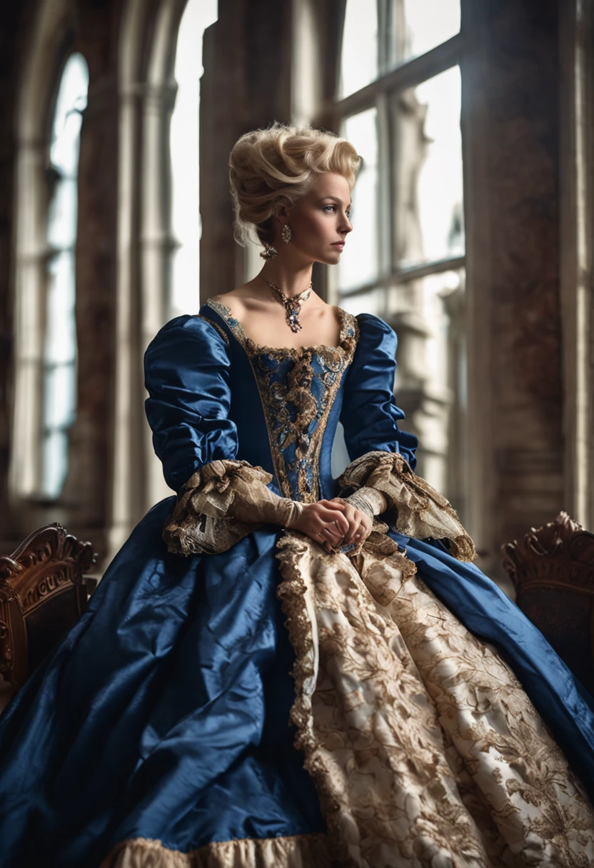 A blonde woman in a dark blue dress sits on a chair in the palace, rococo queen, historical baroque dress, aristocratic clothes, rococo fashion, ornate royal gown, wearing a noblewoman's outfit, Rococo dress, intricate costume design, in a fancy elaborate dress, royal robe, 1 7 th century duchess, baroque dress,Plump and large breasts,ssmile,Gorgeous appearance