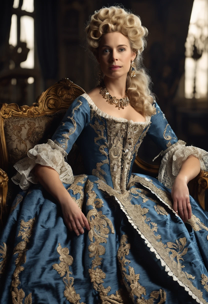 A blonde woman in a dark blue dress sits on a chair in the palace, rococo queen, historical baroque dress, aristocratic clothes, rococo fashion, ornate royal gown, wearing a noblewoman's outfit, Rococo dress, intricate costume design, in a fancy elaborate dress, royal robe, 1 7 th century duchess, baroque dress,Plump and large breasts,ssmile,Gorgeous appearance